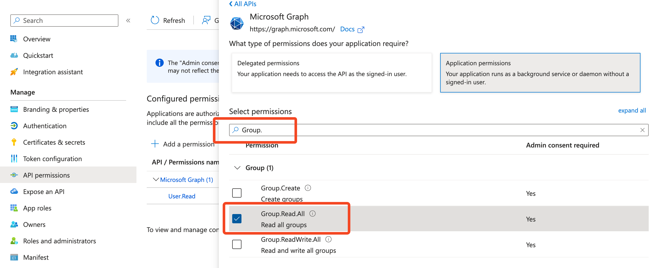 Microsoft Graph application permissions dialog with Group.Read.All selected