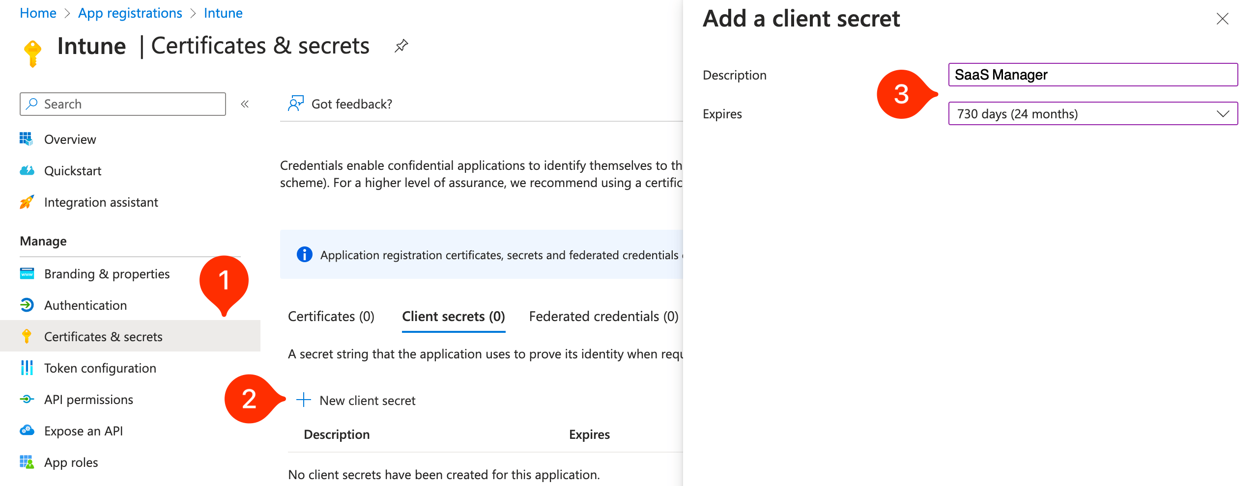 Microsoft Entra ID Add a client secret panel with the SaaS Manager description and expiry selected