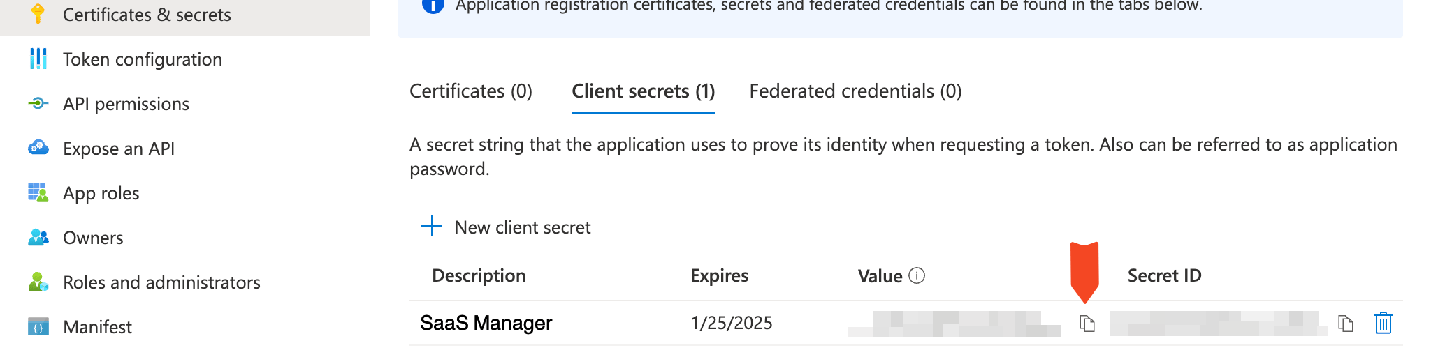 Microsoft Entra ID client secrets list with the Client Secret Value copy icon highlighted