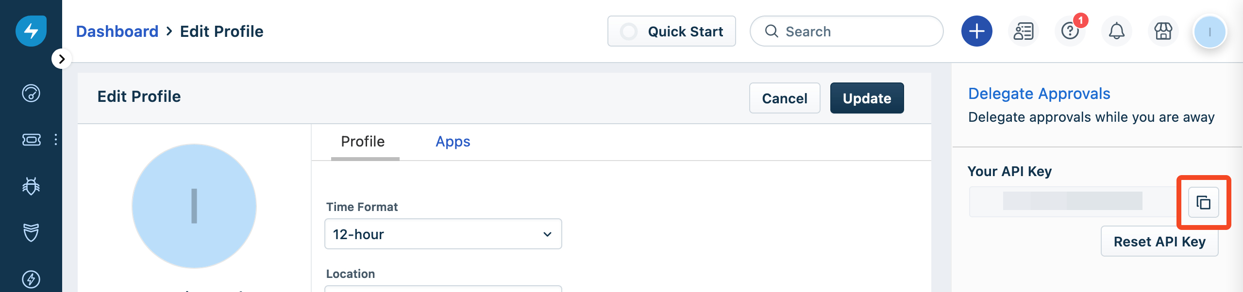 Freshservice profile settings showing the API key