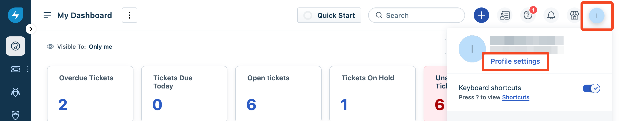 Freshservice profile menu with Profile settings selected