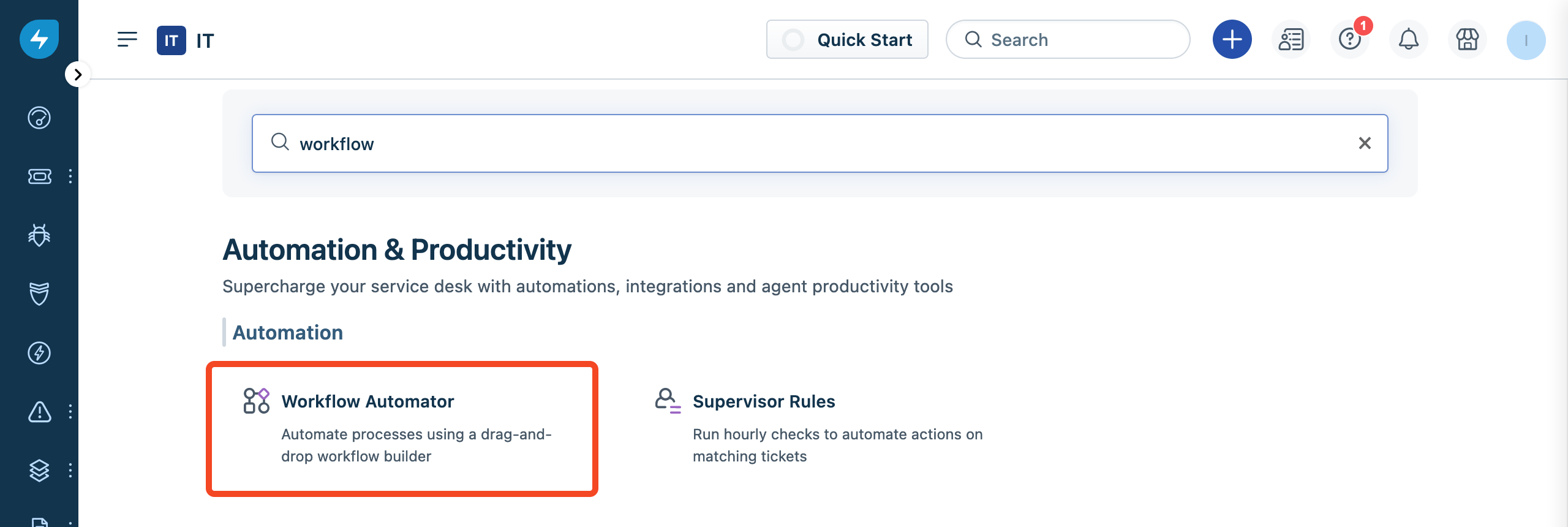 Freshservice Admin page with Workflow Automator selected