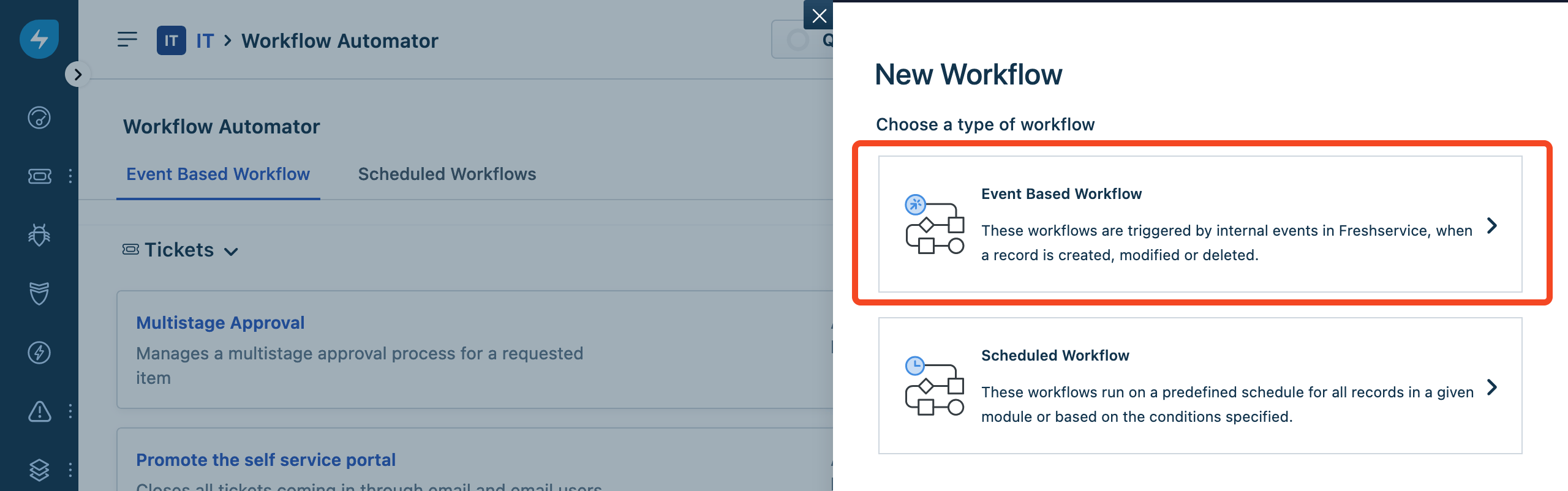 Freshservice Workflow Automator with New Event Based Workflow selected