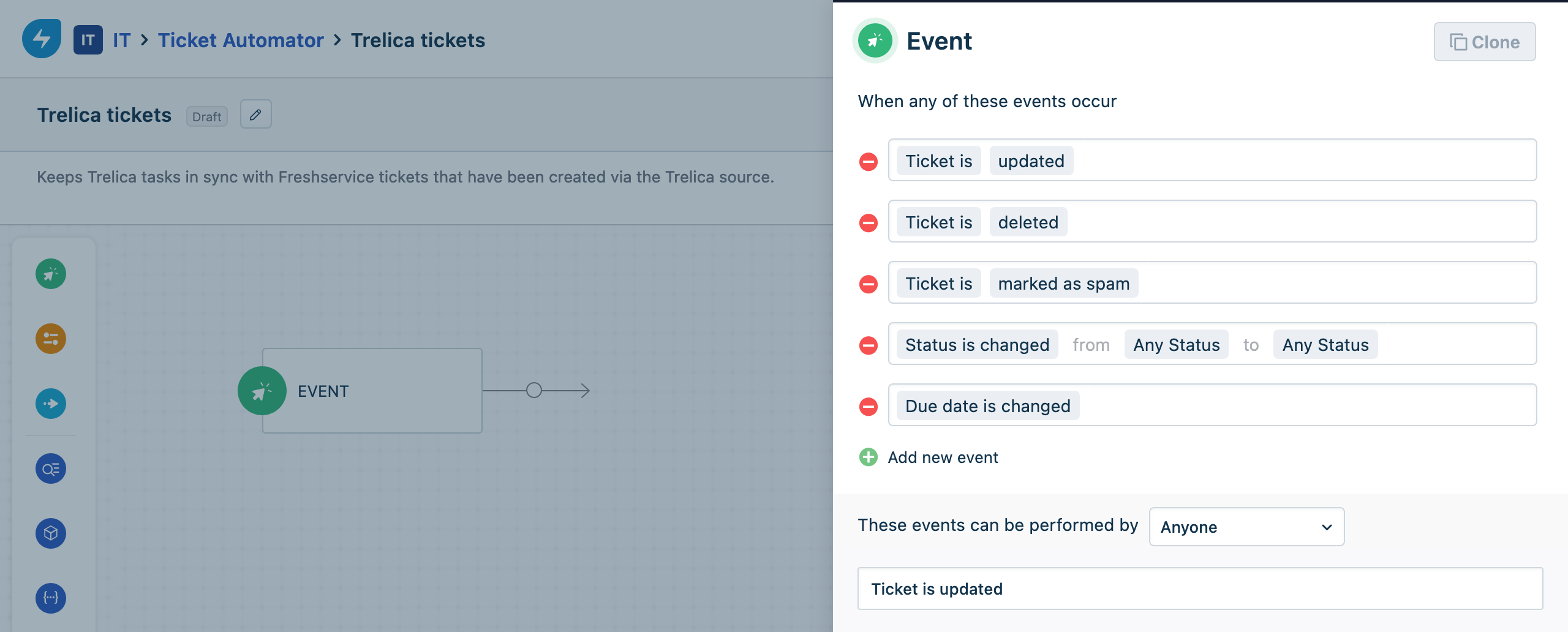 Freshservice workflow event triggers for ticket updates
