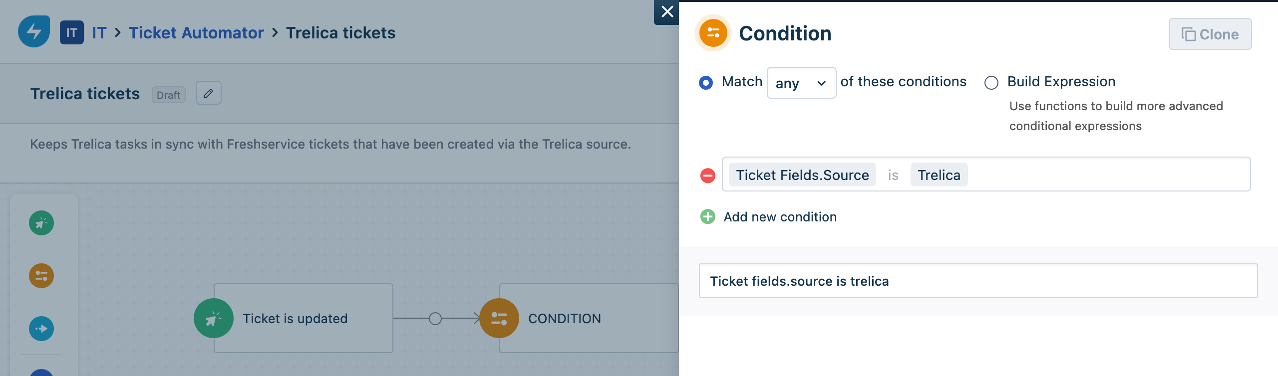 Freshservice workflow condition checking ticket source is SaaS Manager