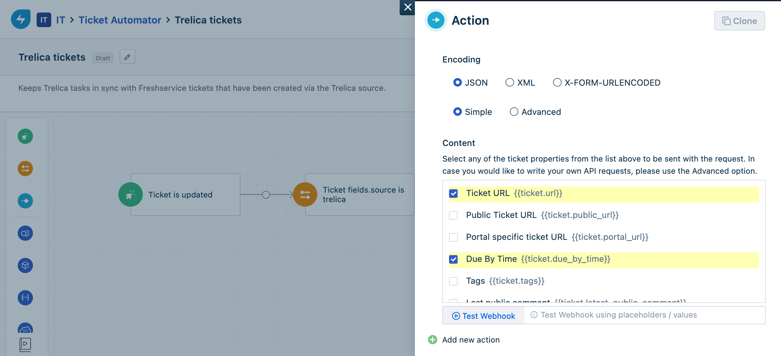 Freshservice webhook action JSON content fields