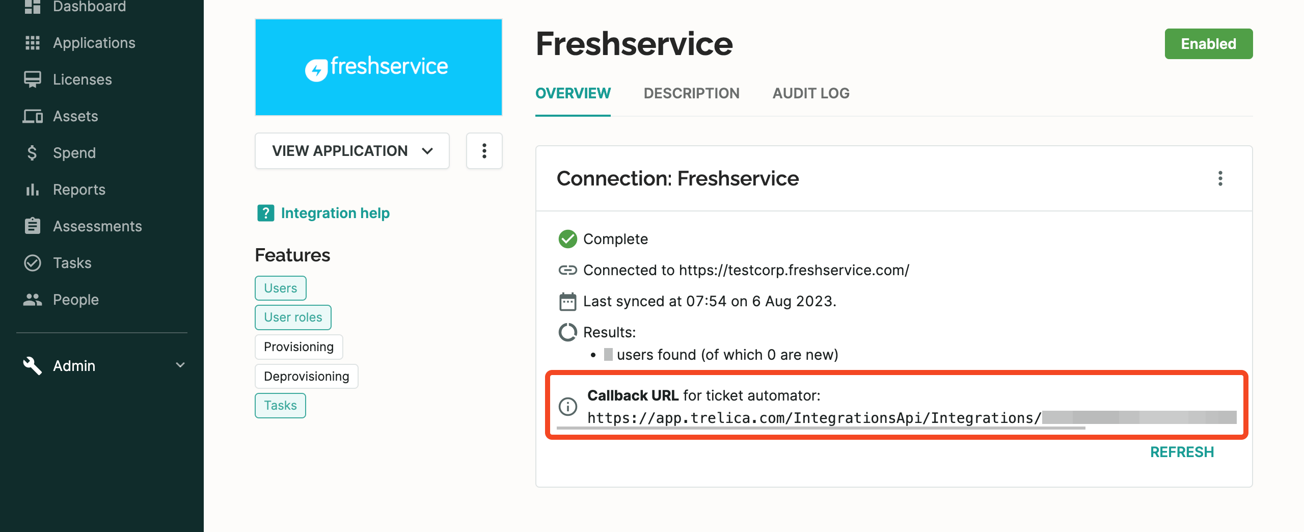 SaaS Manager Freshservice integration showing the ticket automator callback URL