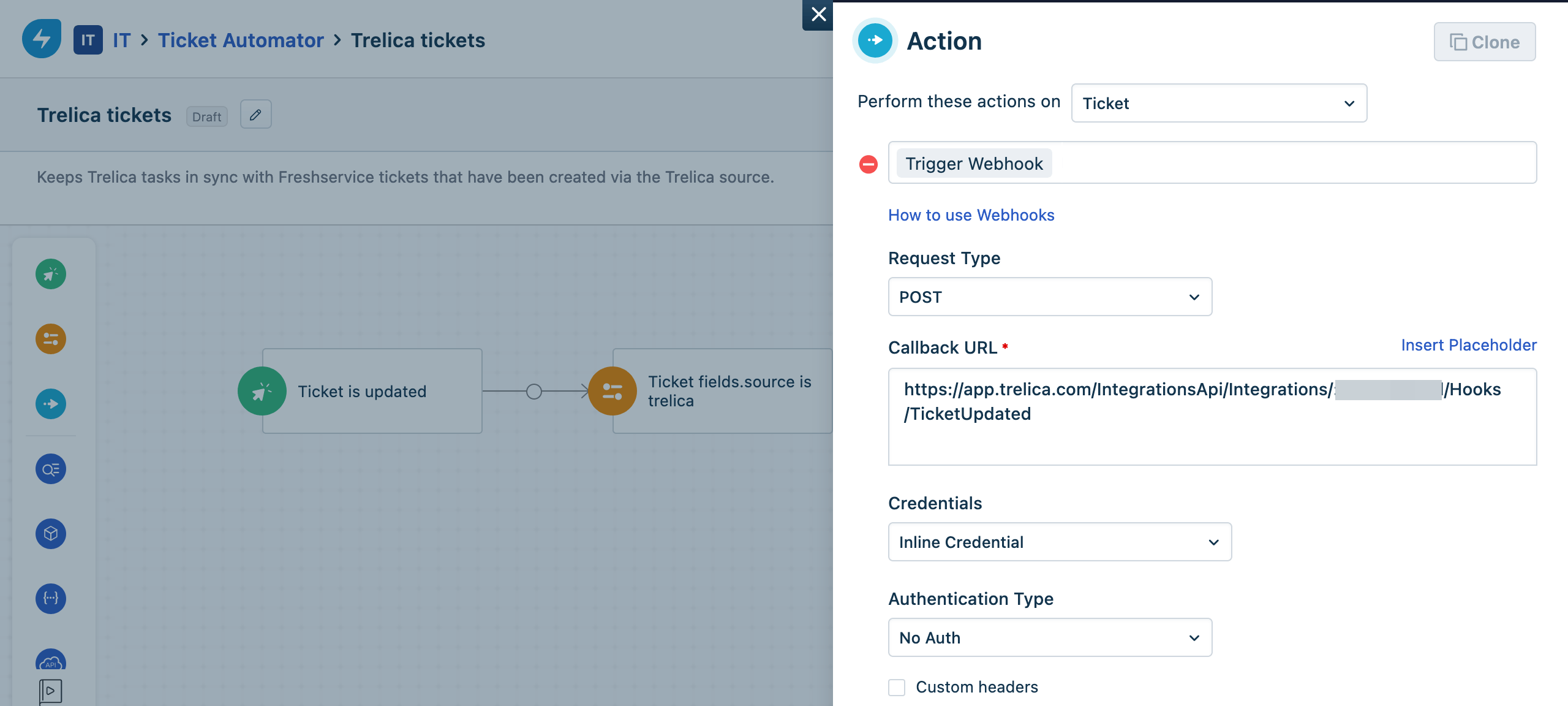 Freshservice Trigger Webhook action with callback URL