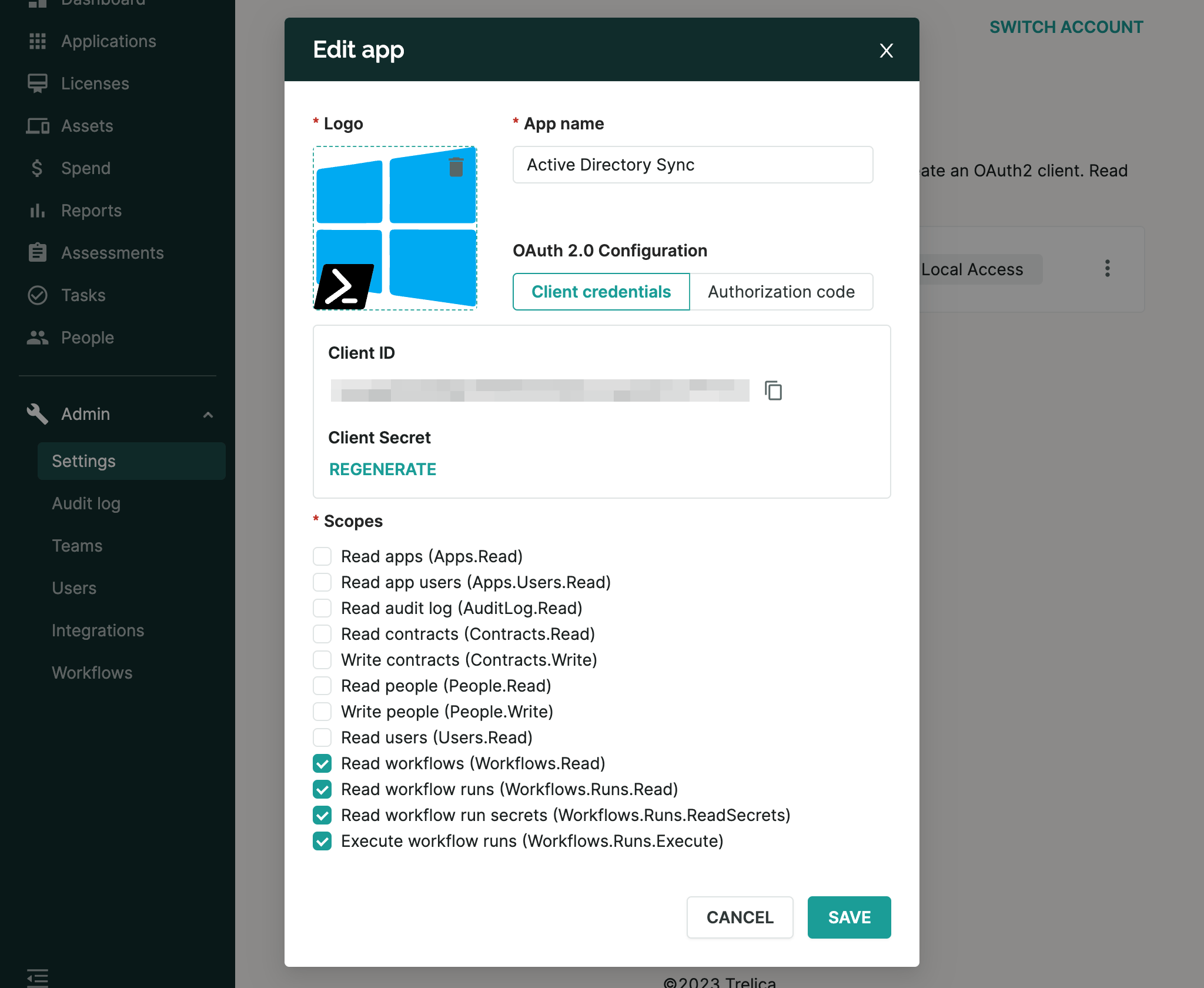 SaaS Manager API client configuration with required scopes