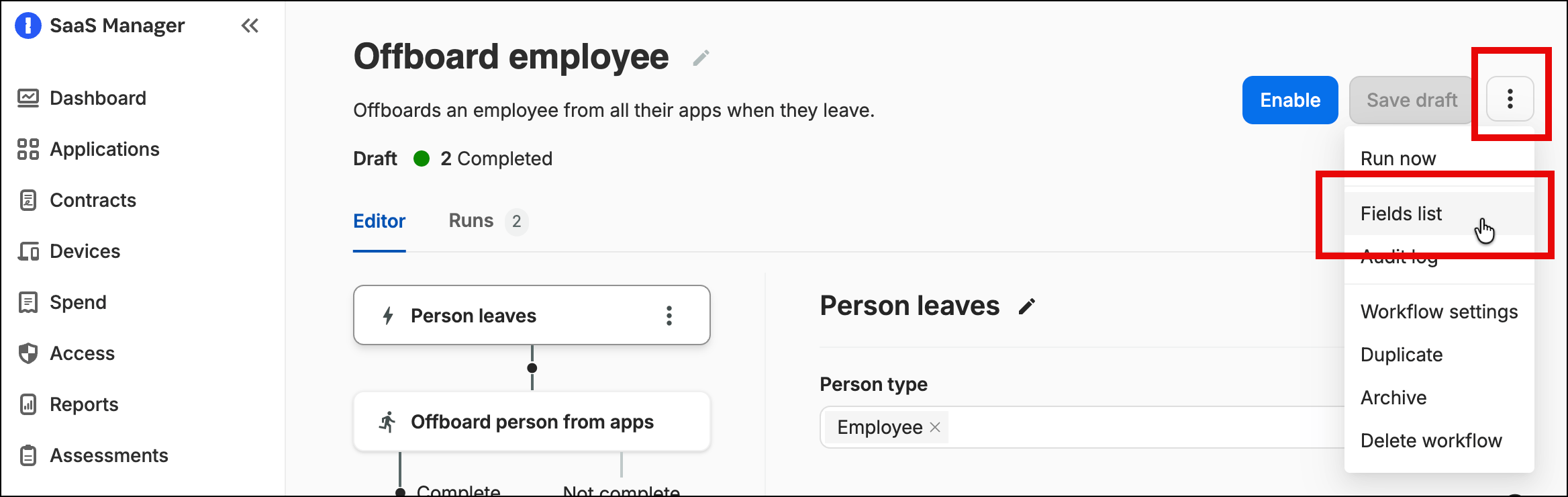 SaaS Manager workflow Fields list