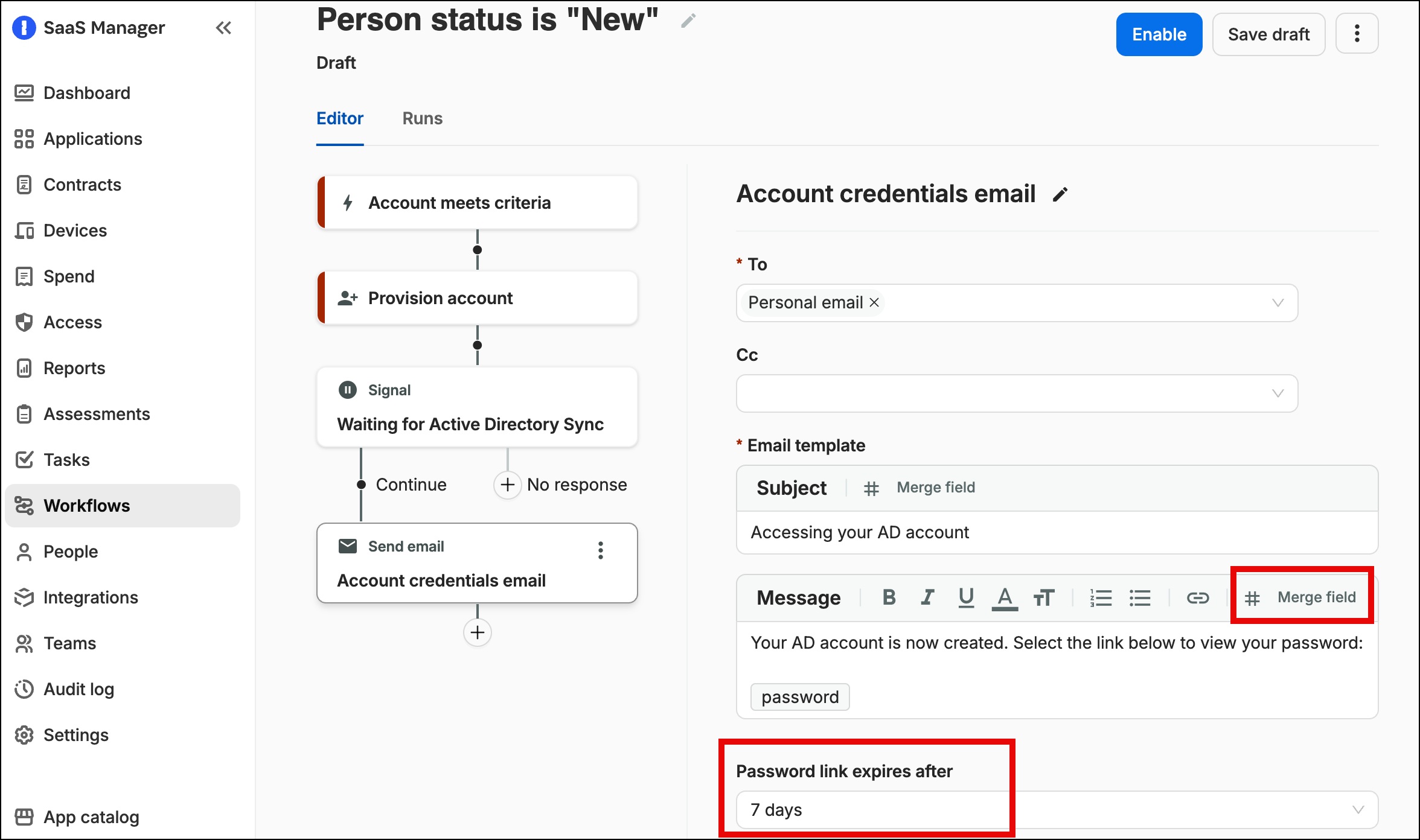 SaaS Manager workflow password field used in an email step