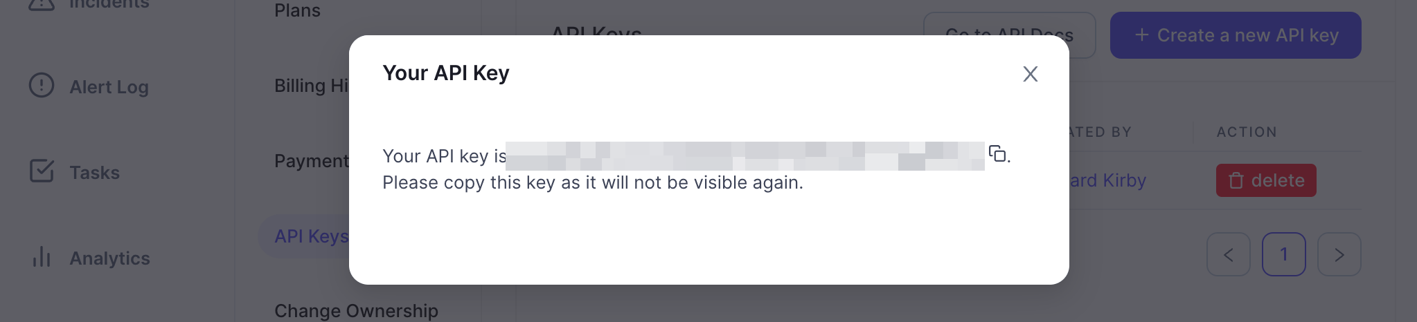 Zenduty dialog showing the generated API key