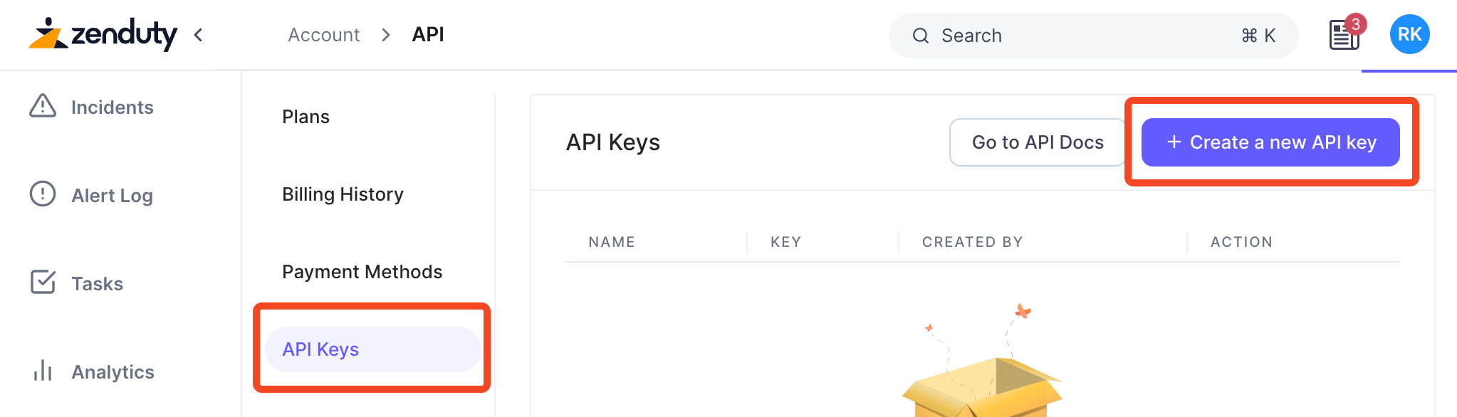 Zenduty API Keys page with Create a new API key selected
