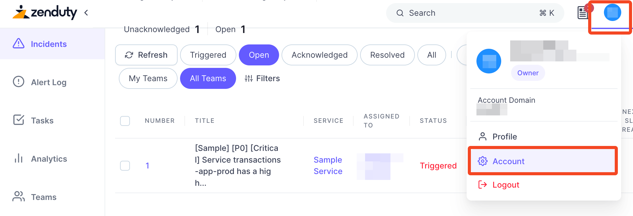 Zenduty profile menu with Account selected