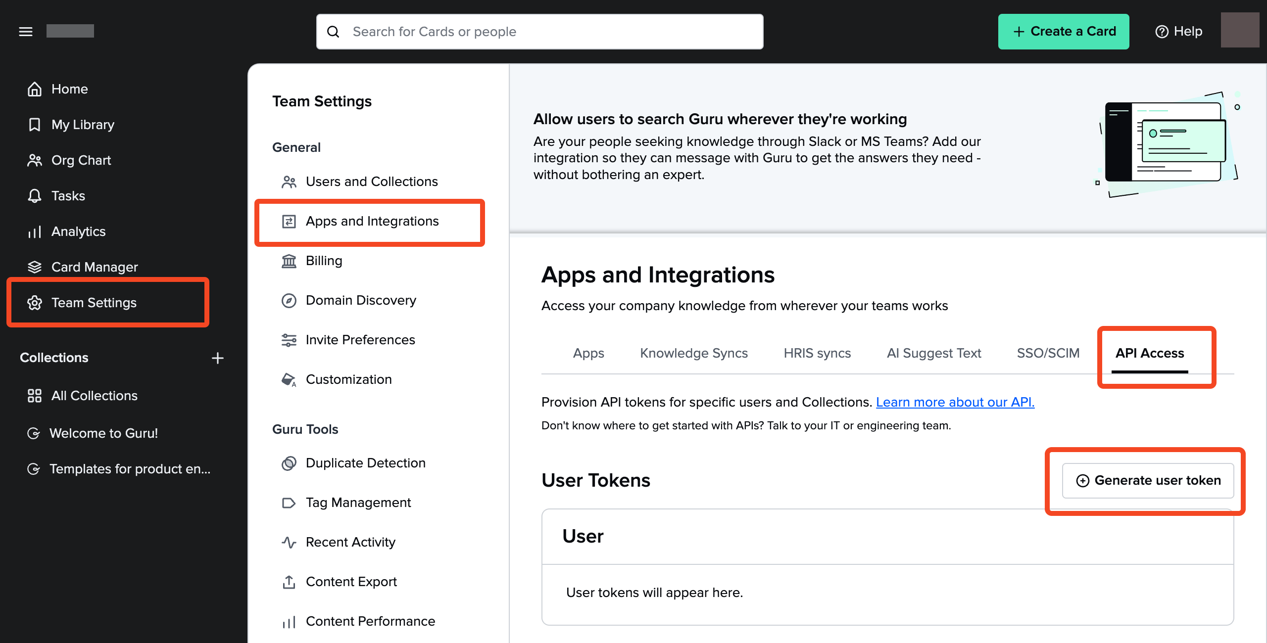 Guru API Access tab with Generate user token selected