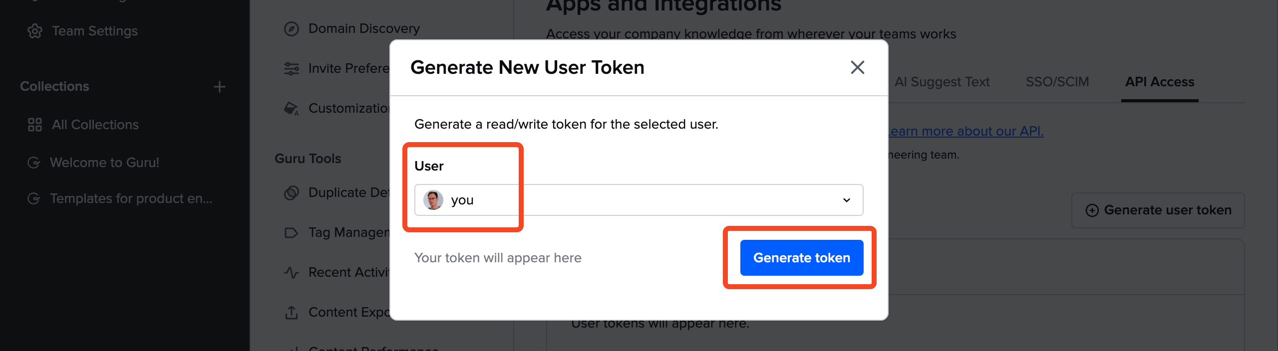 SaaS Manager Guru connection dialog with user email and token fields