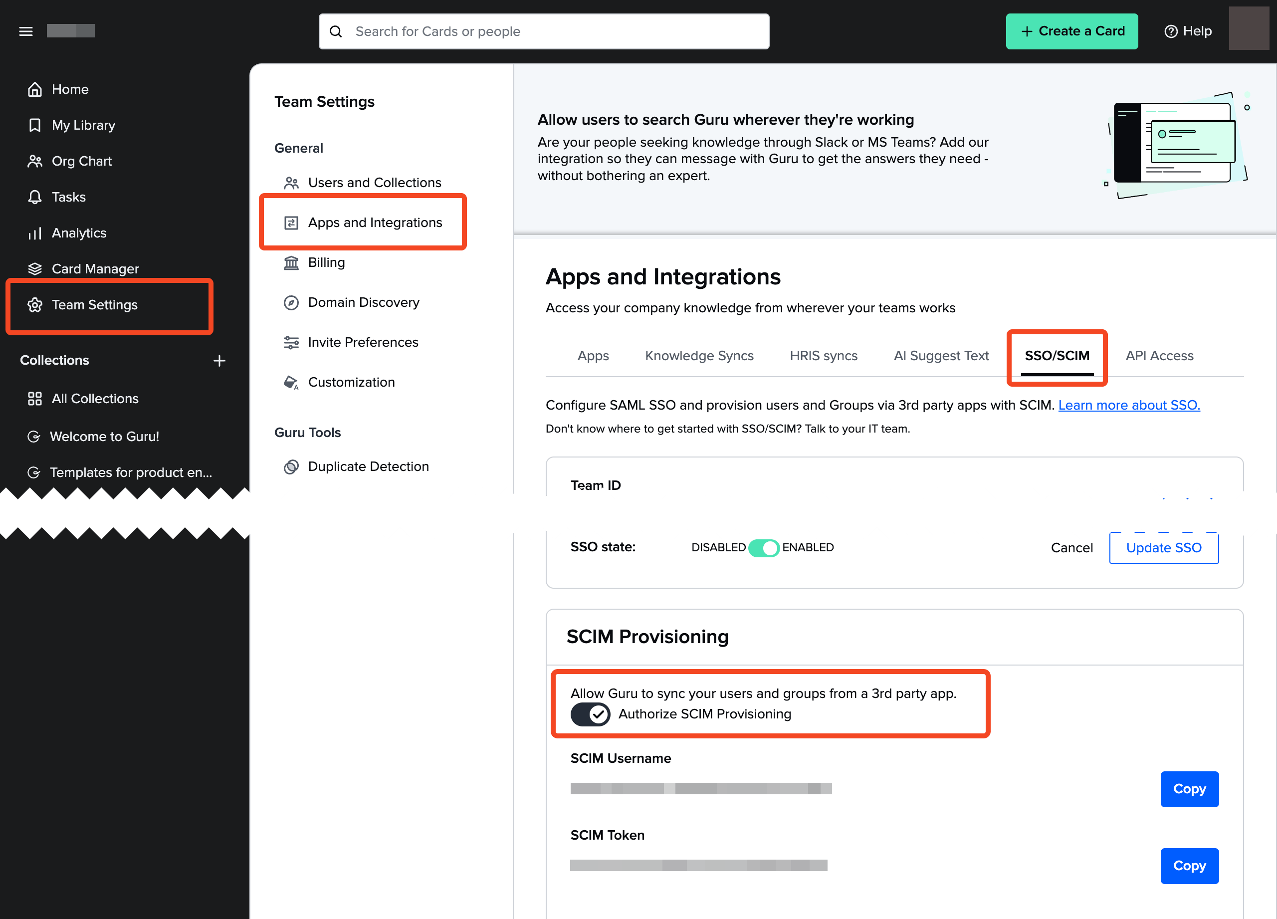 Guru SSO and SCIM settings showing SCIM credentials