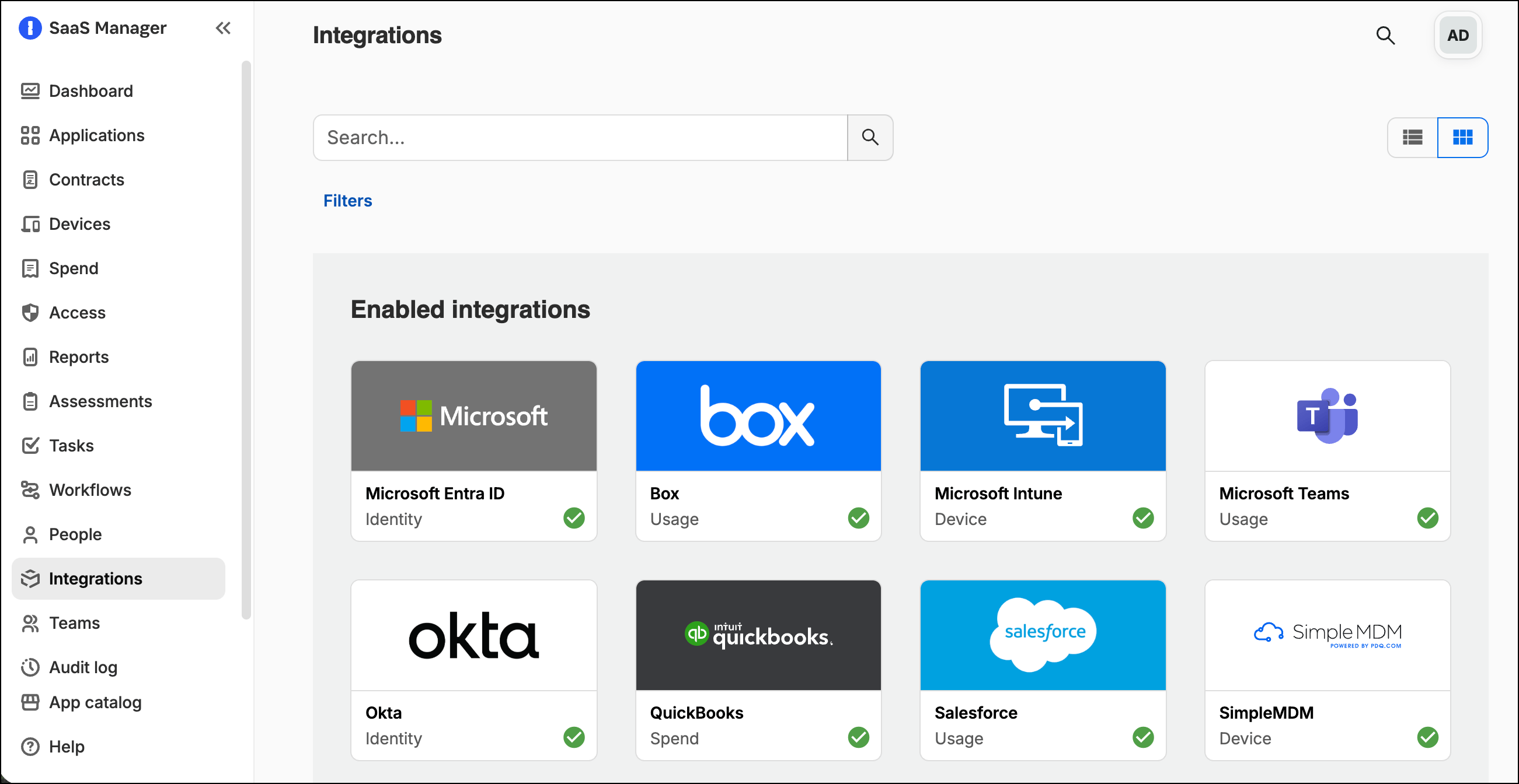 SaaS Manager Integrations page showing enabled integration cards