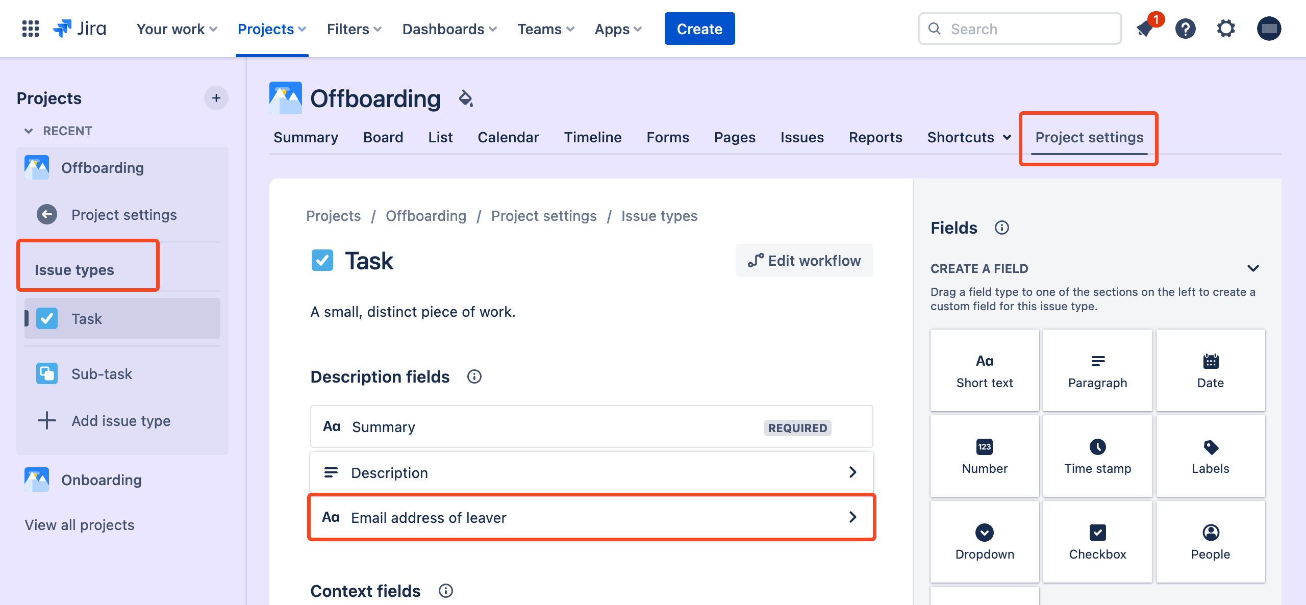 Jira Offboarding issue form with the Email address of leaver custom field