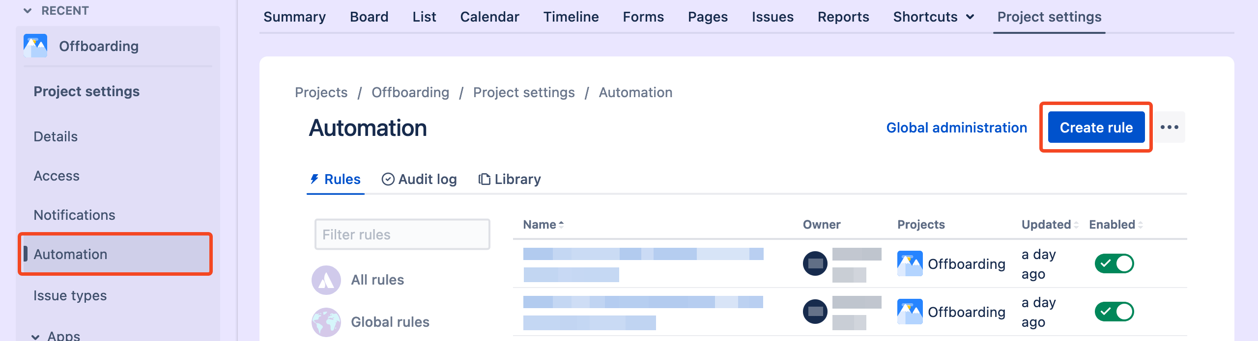 Jira Project settings Automation page with Create rule selected