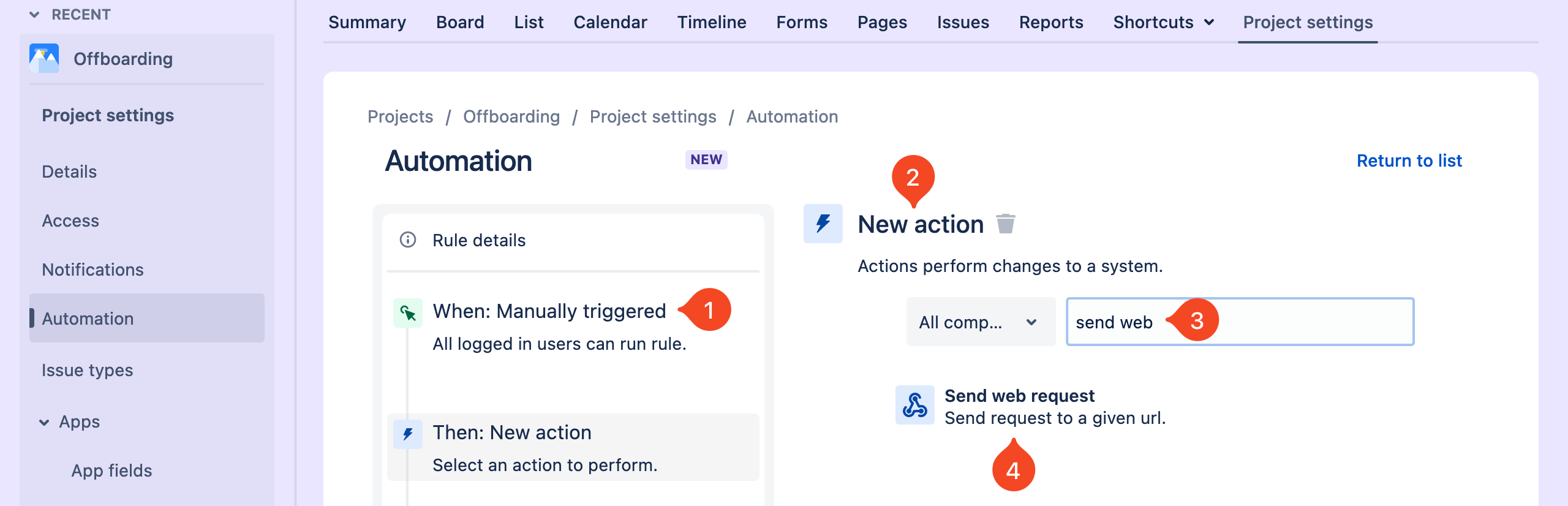 Jira automation action selector with Send web request selected