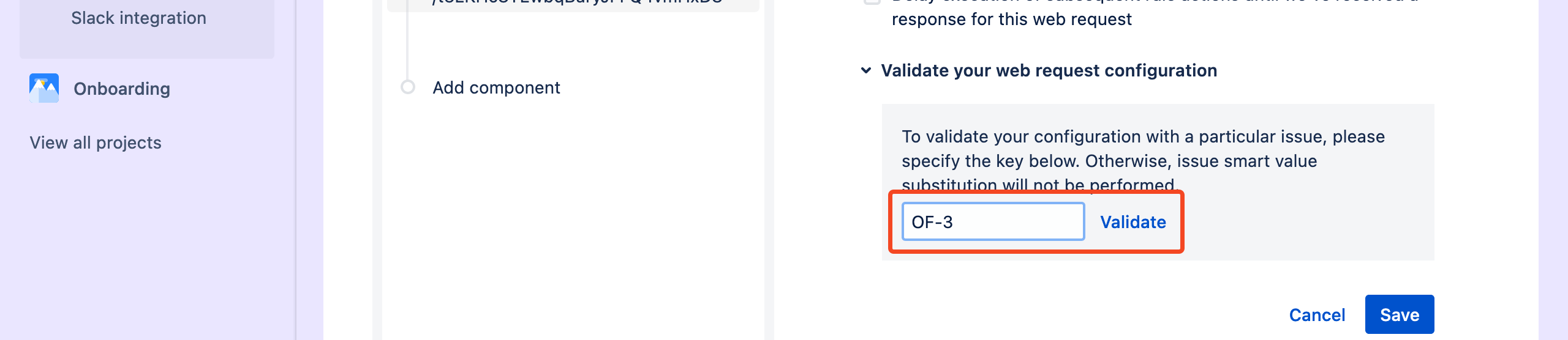 Jira Validate web request configuration showing a 201 Created response