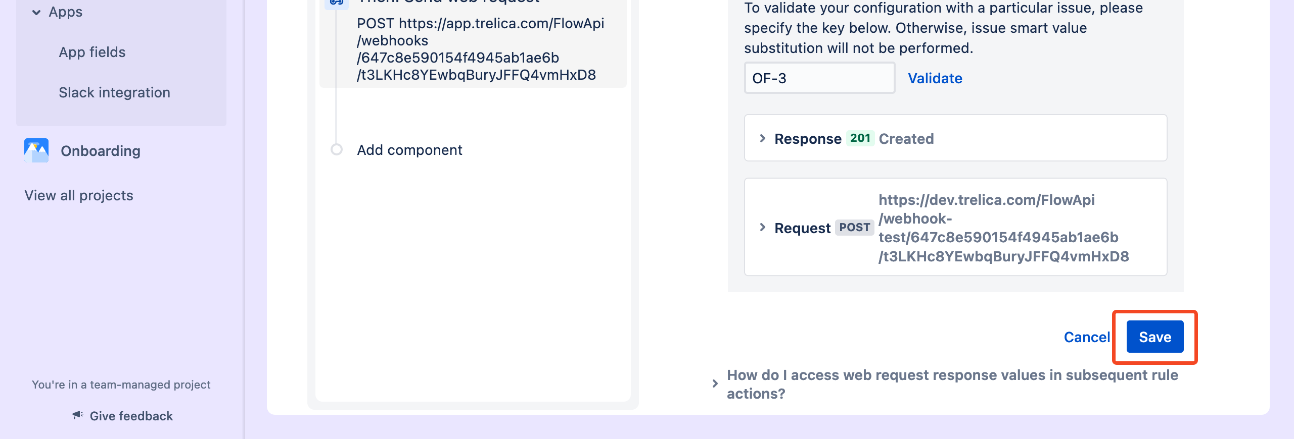 Jira automation rule editor with the Save button