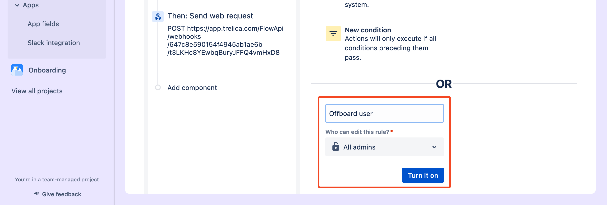 Jira automation rule name field and Turn it on action