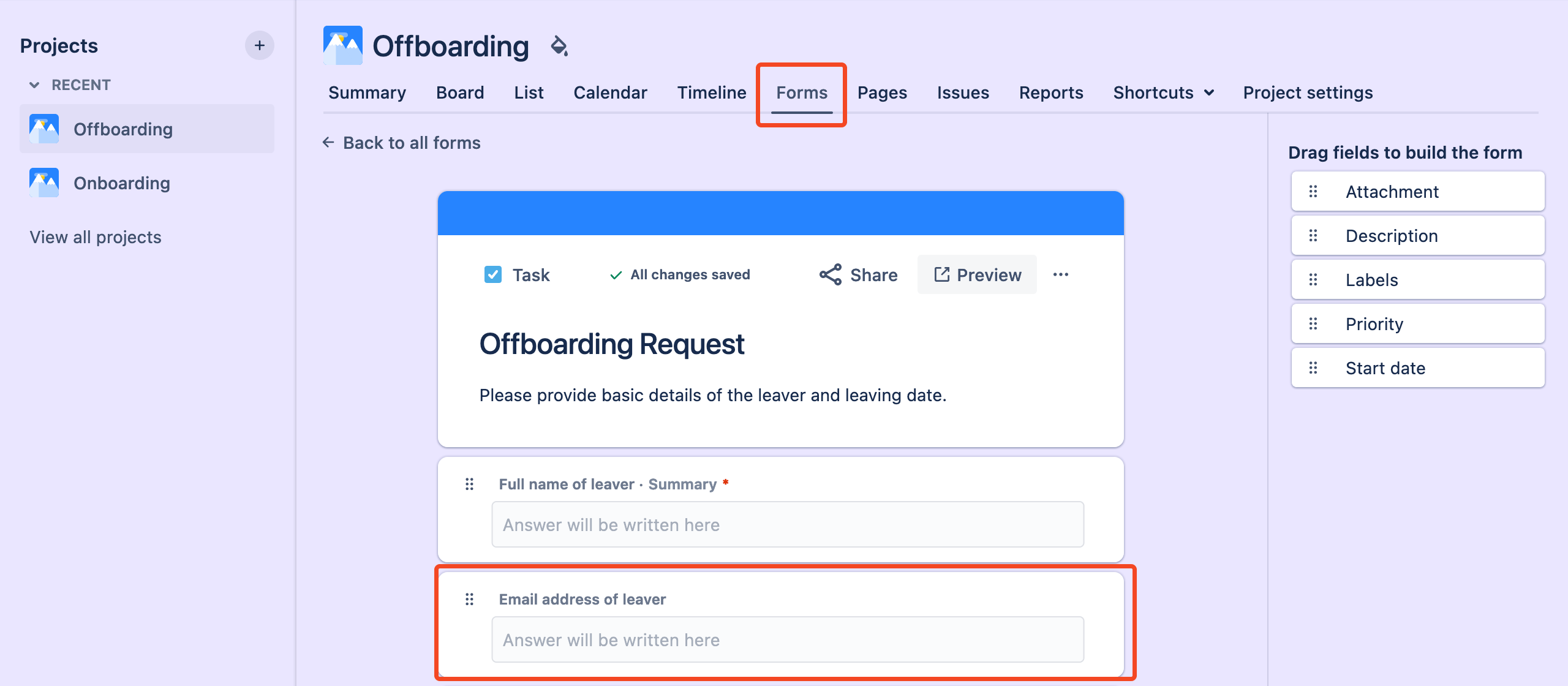 Jira Offboarding issue form with the leaver email address populated