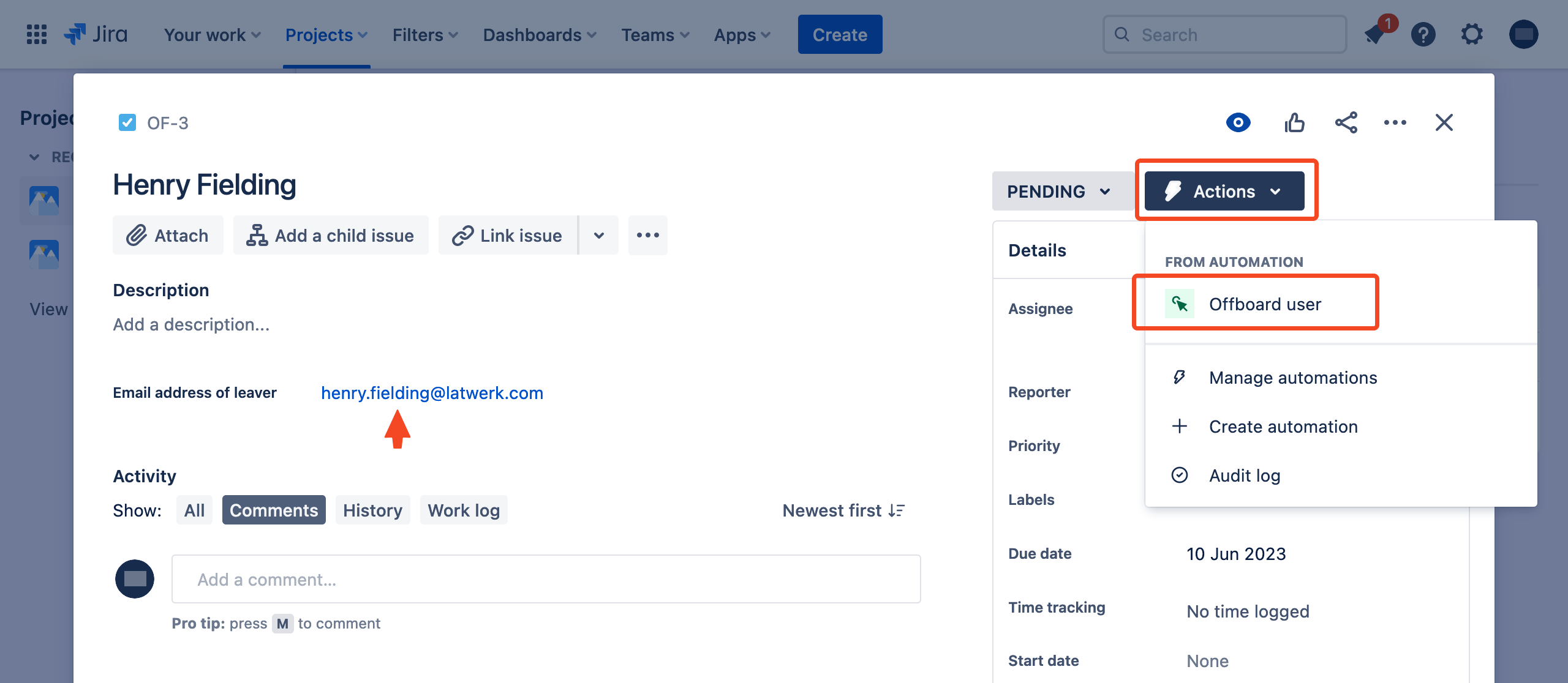 Jira issue Actions menu with the Offboard user automation selected