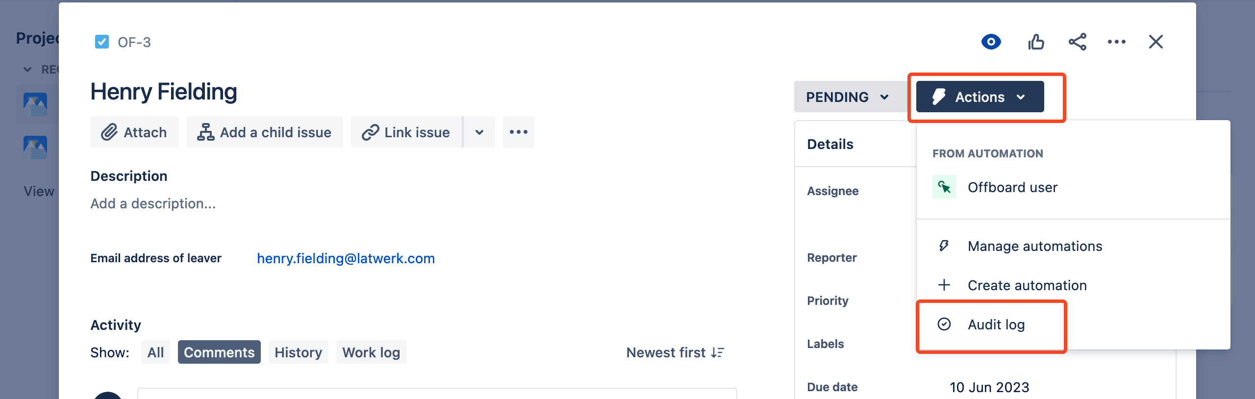 Jira Automation audit log showing the Offboard user rule run