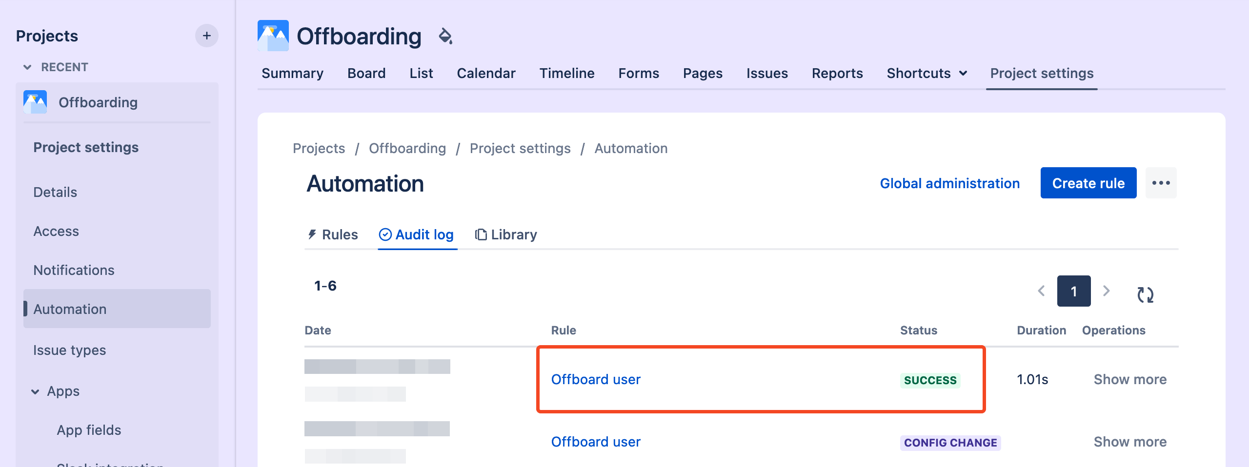 Jira automation audit log entry with workflow execution details