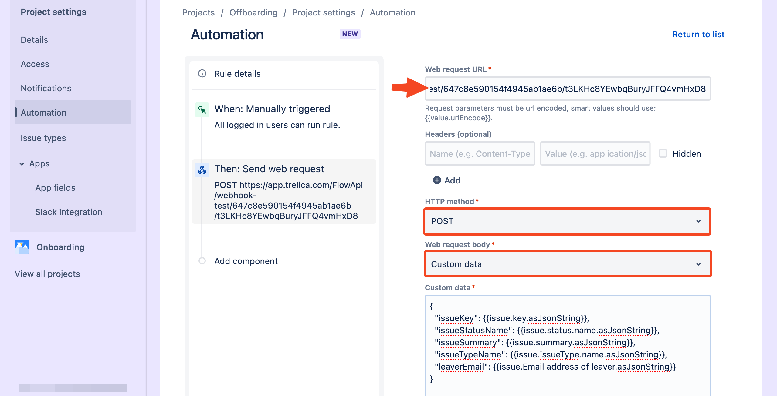 Jira Send web request action configured with POST and Custom data