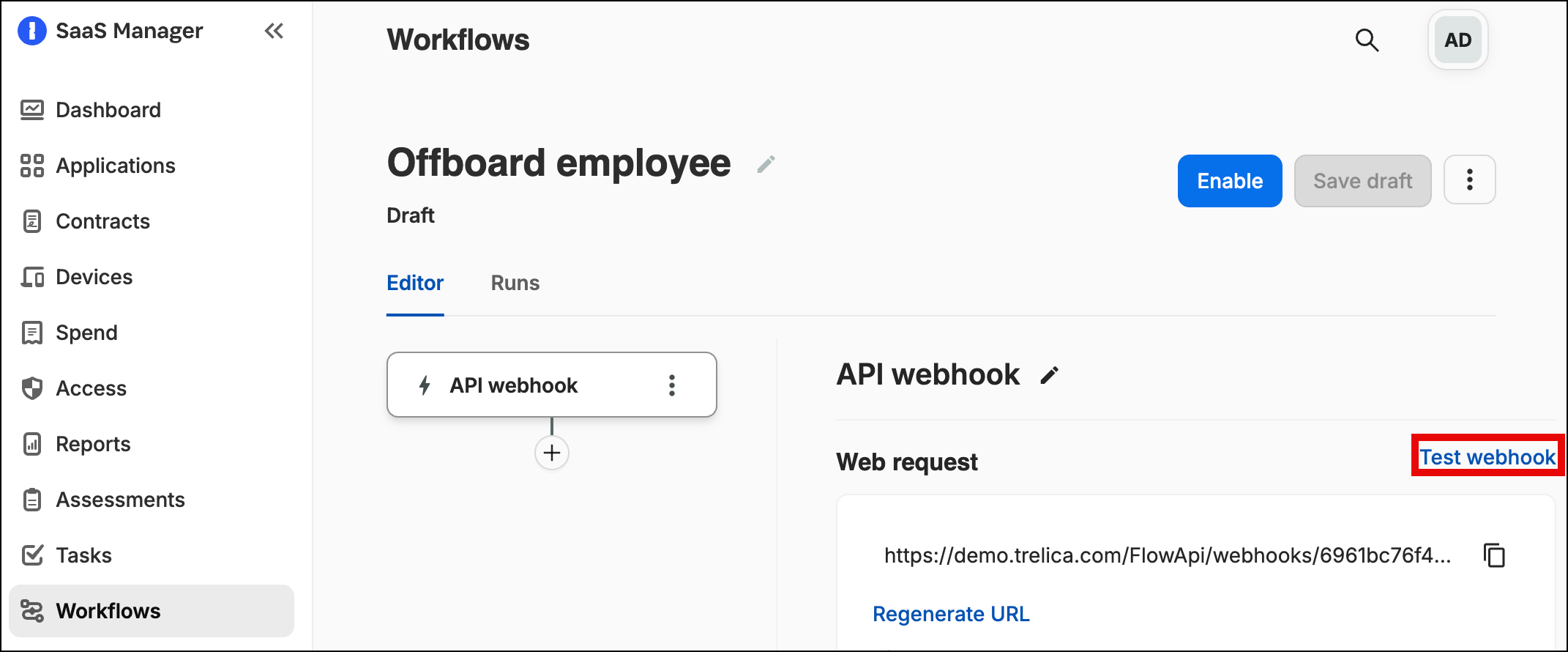 SaaS Manager Offboard employee workflow with the Test Webhook action