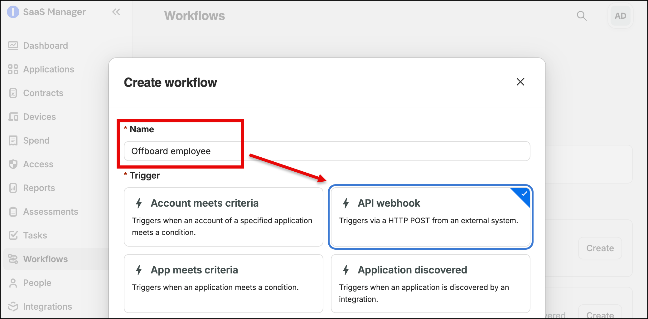 SaaS Manager Create workflow dialog for Offboard employee with API webhook selected