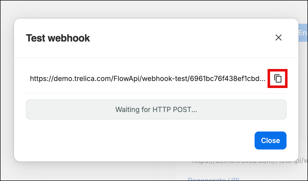 SaaS Manager Test webhook dialog with the test URL copy button