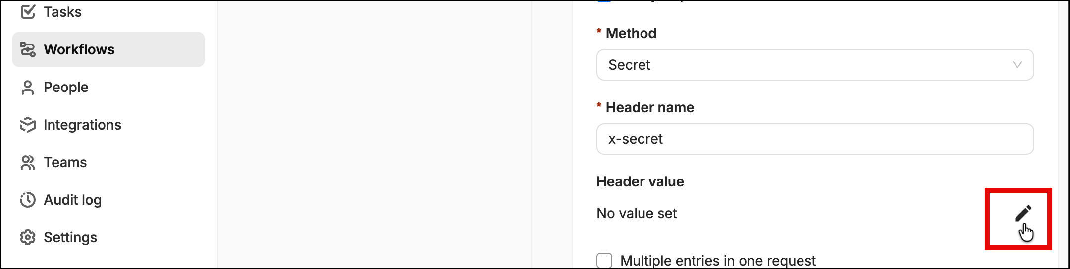 SaaS Manager API webhook verification settings with the x-secret header name