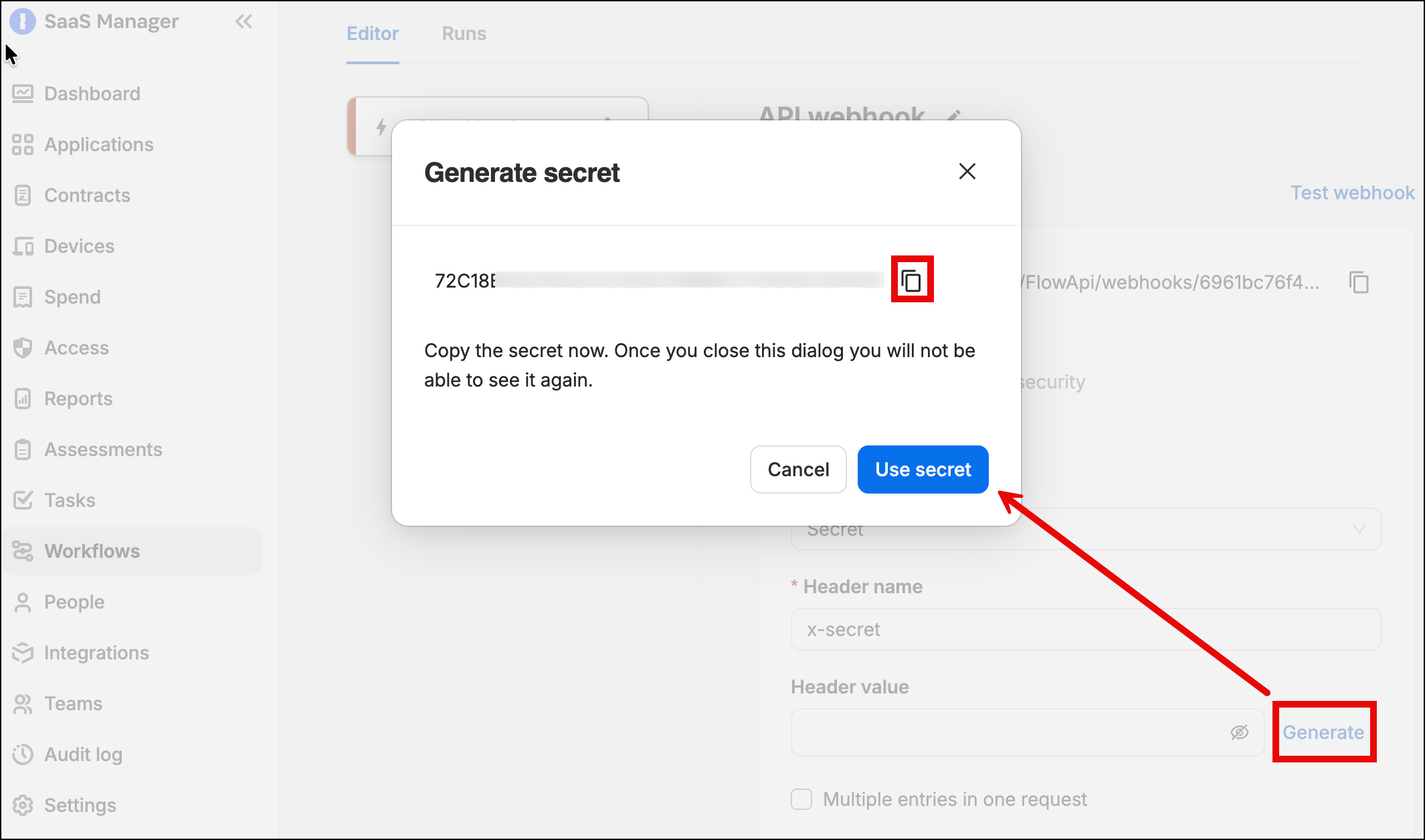 SaaS Manager Generate secret dialog for webhook verification