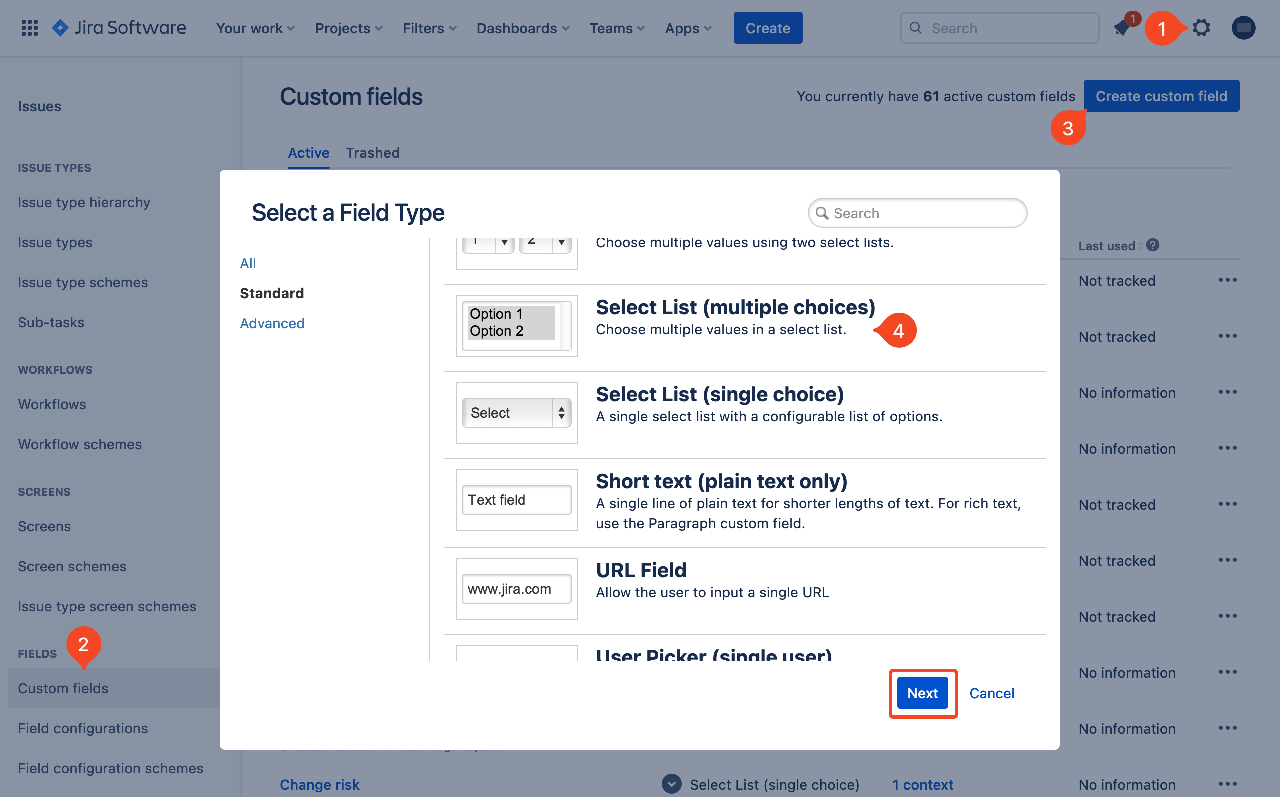 Jira Select a Field Type dialog with Select List multiple choices selected