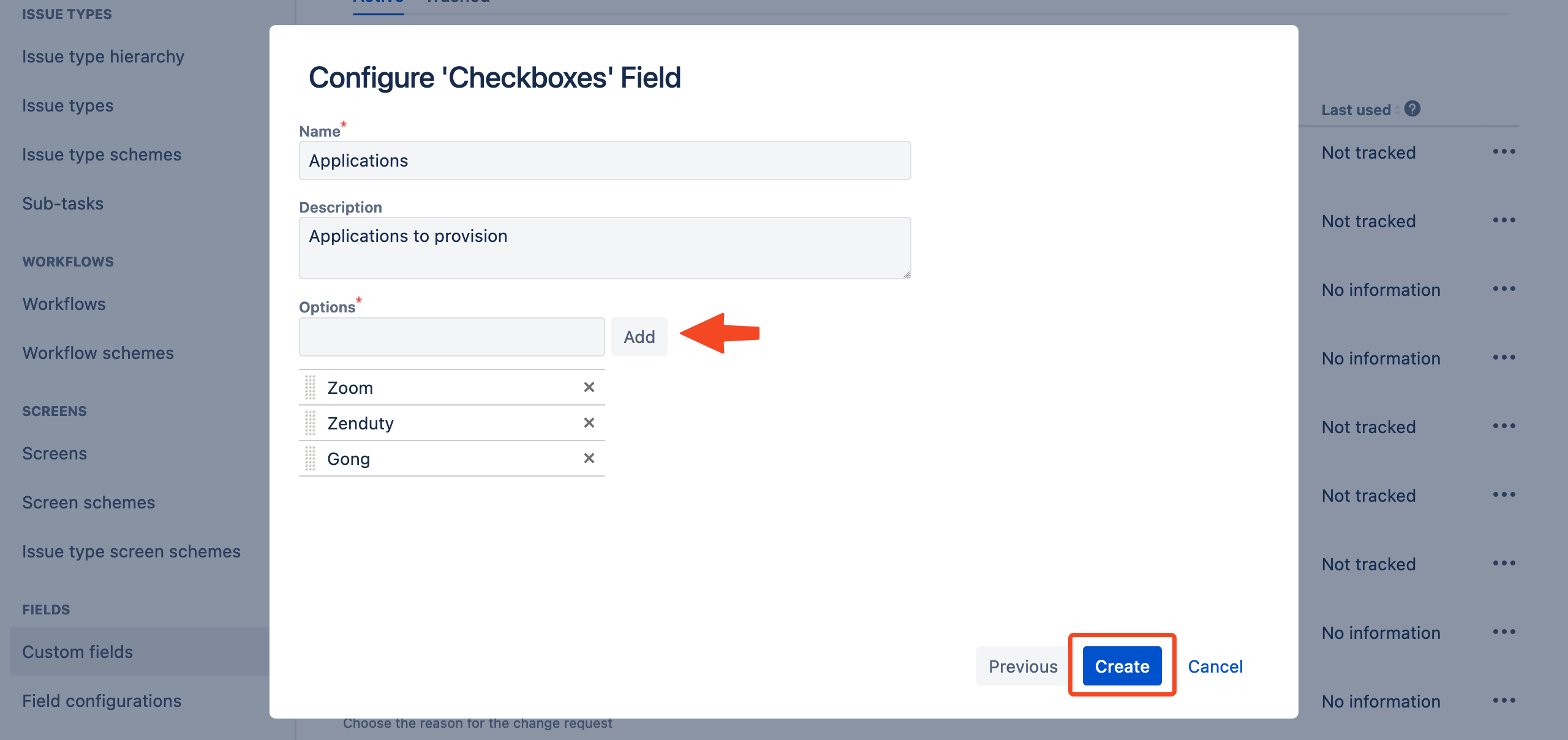 Jira Configure Checkboxes Field dialog for an Applications field with application options
