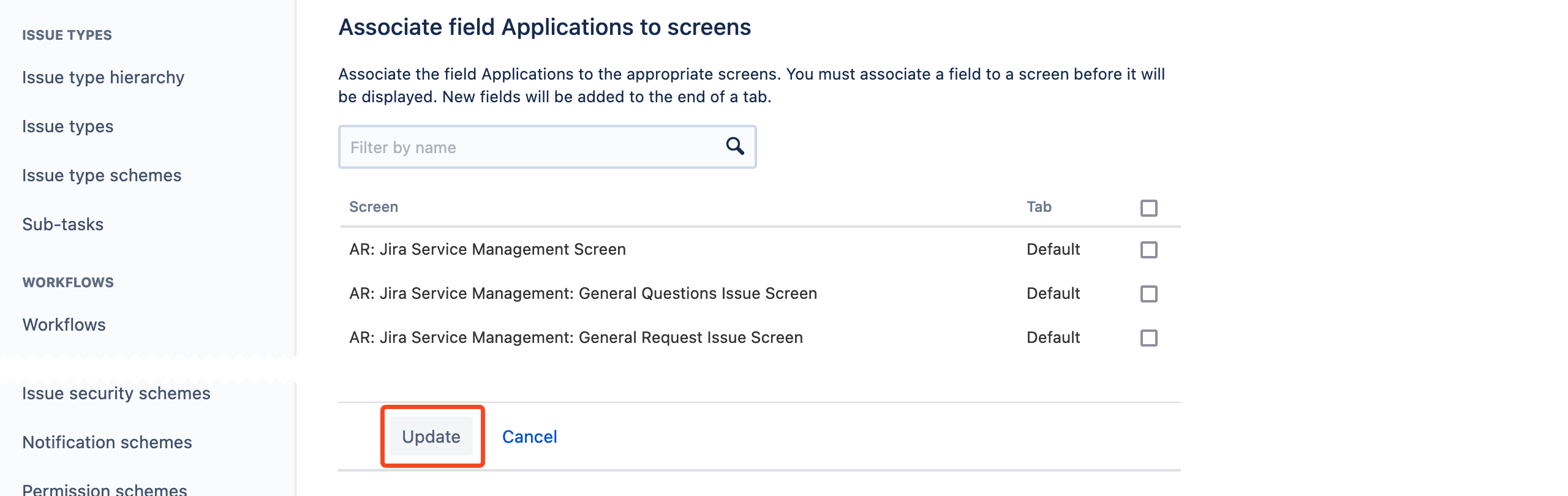 Jira screen association page for the Applications custom field with Update highlighted