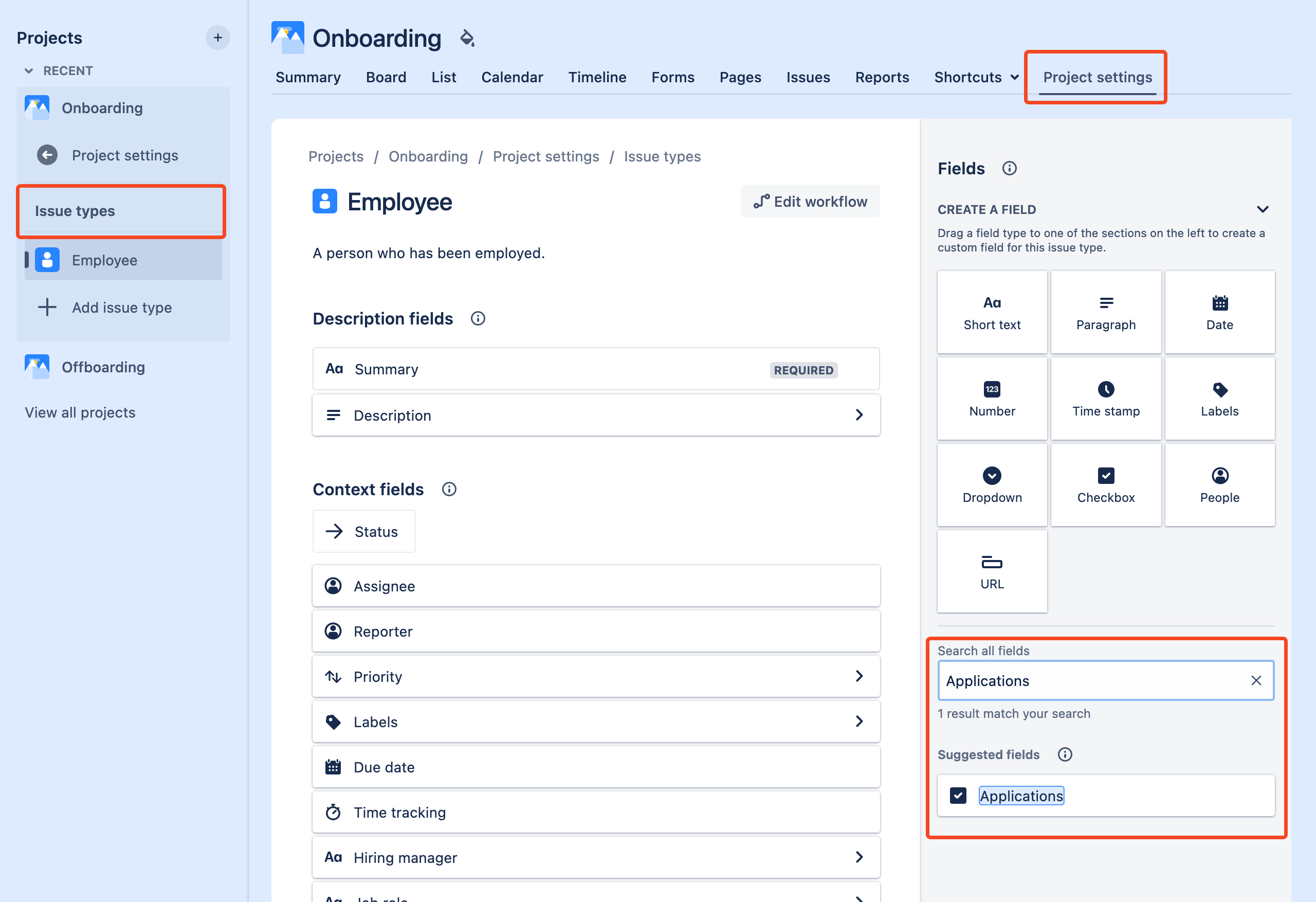 Jira project Issue types settings with the Applications field selected
