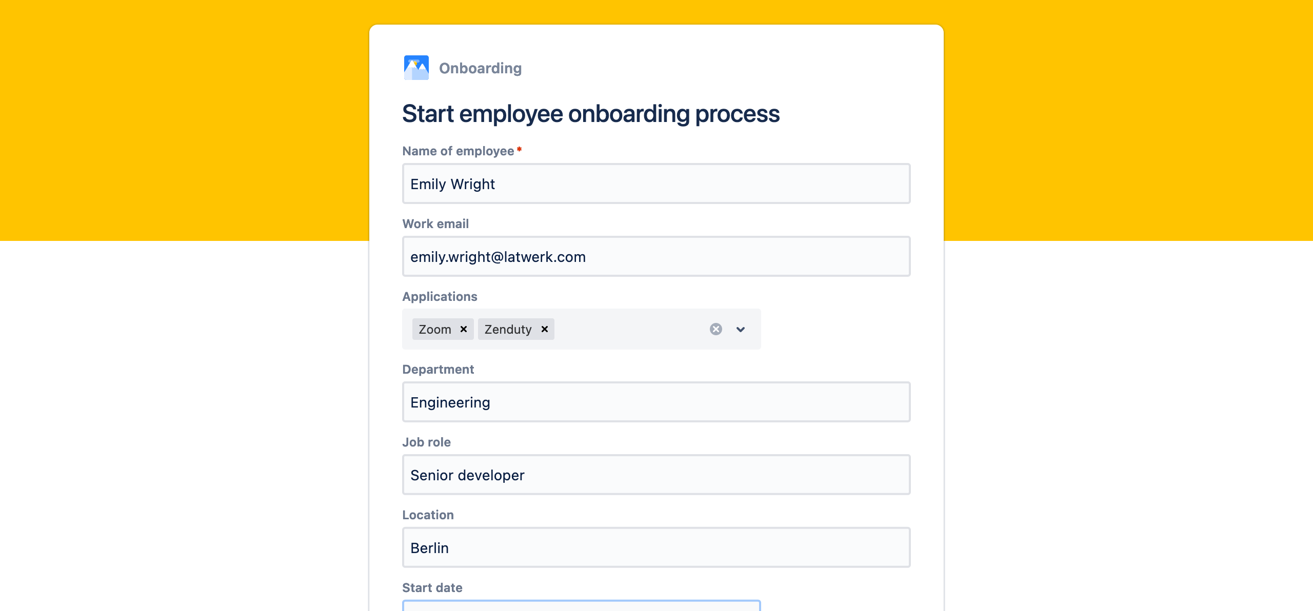 Jira employee onboarding form with work email and selected applications fields