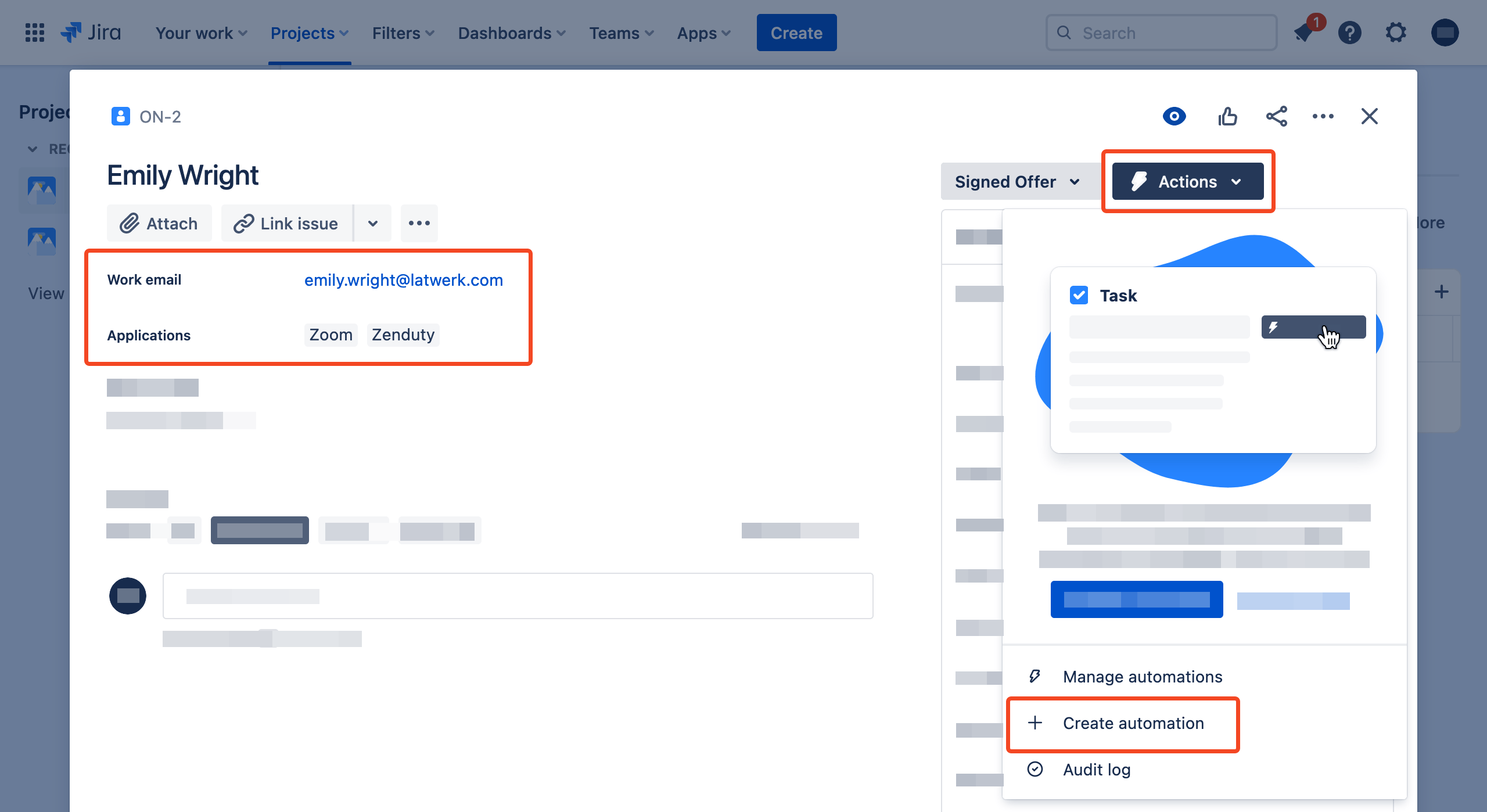 Jira employee issue showing work email and applications with Create automation selected
