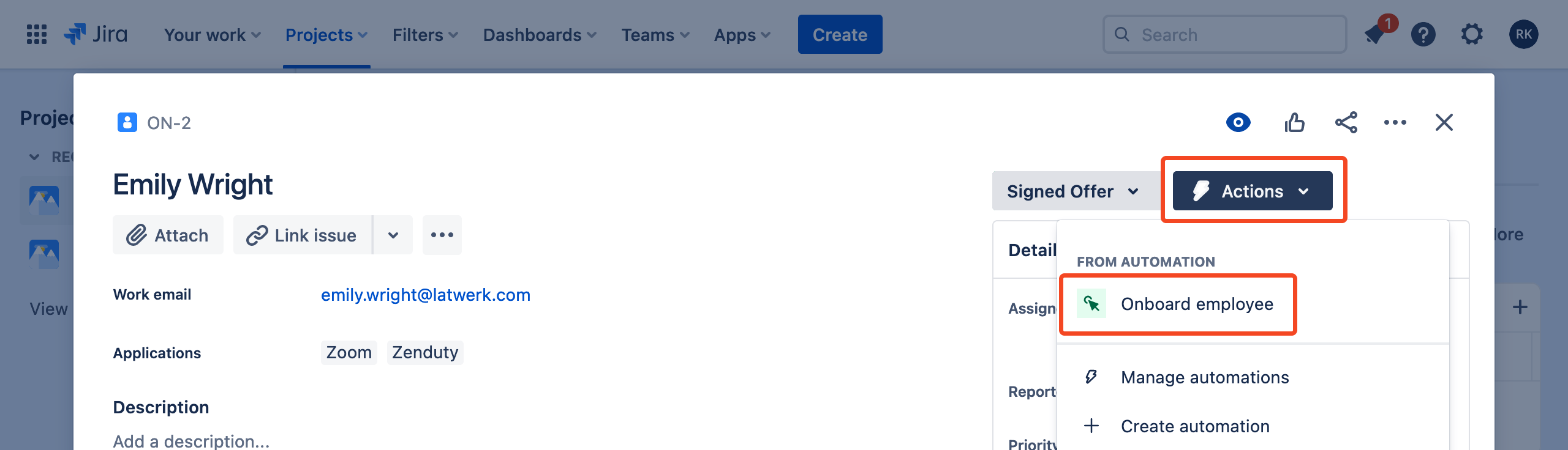 Jira employee issue Actions menu with the Onboard employee automation action