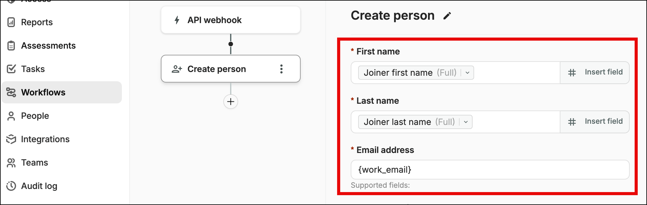 SaaS Manager workflow Create person action with first name, last name, and email fields