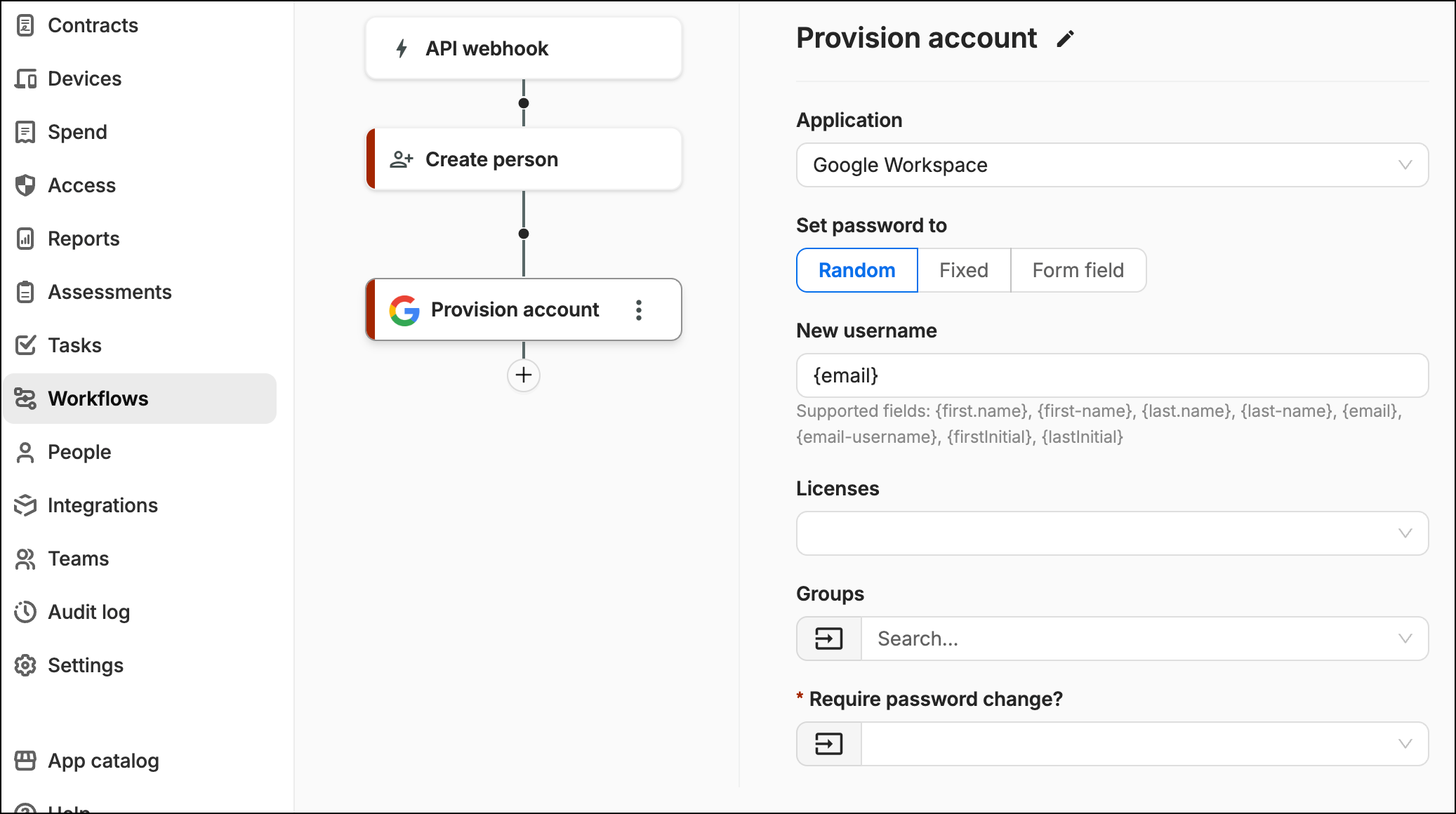 SaaS Manager Google Workspace Provision account action with username and password settings