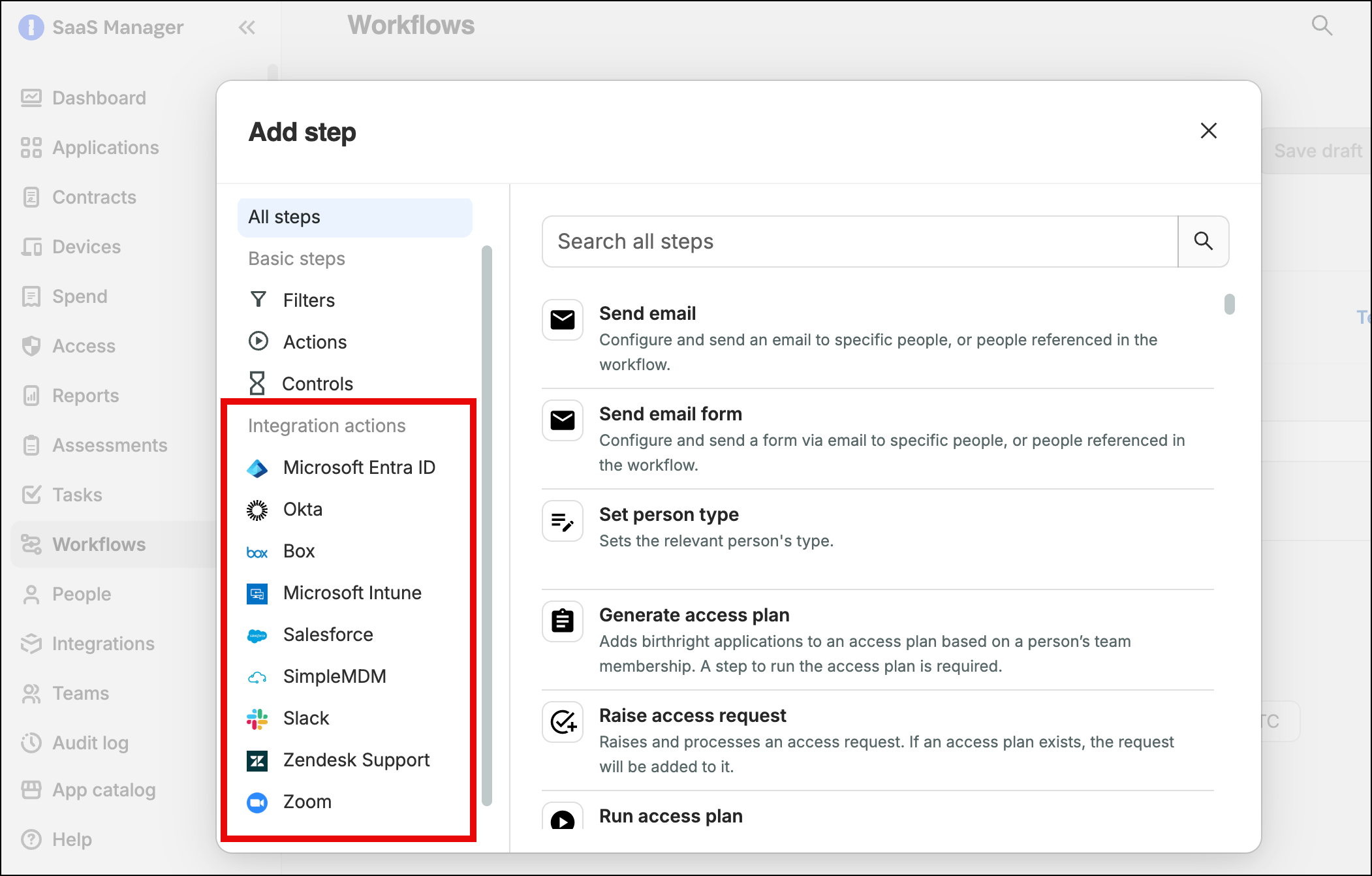 SaaS Manager Add step dialog showing integration actions available for identity providers