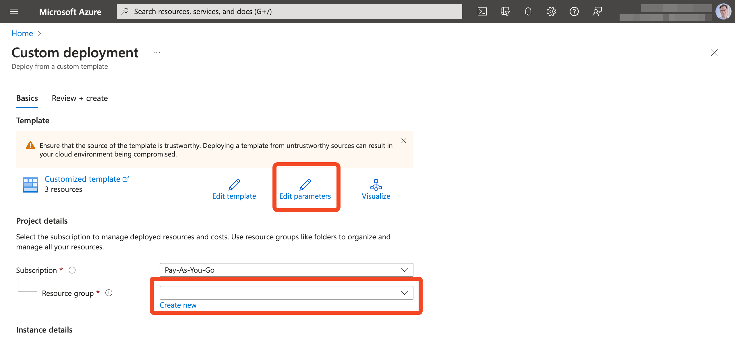 Azure deployment settings with a resource group selected