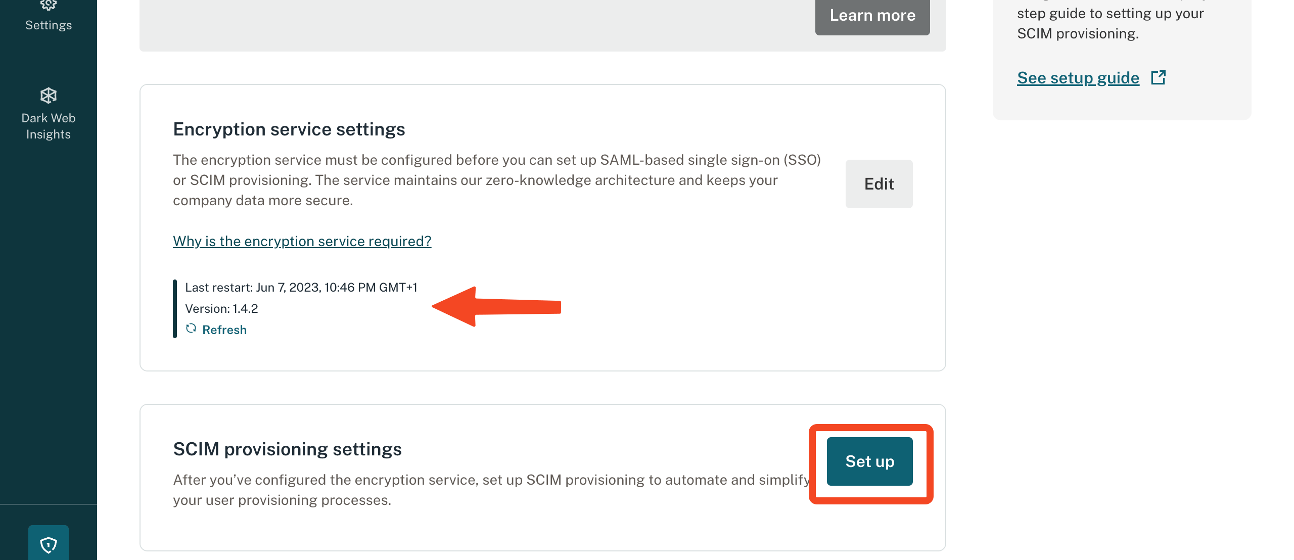 Dashlane SCIM provisioning settings with Set up selected